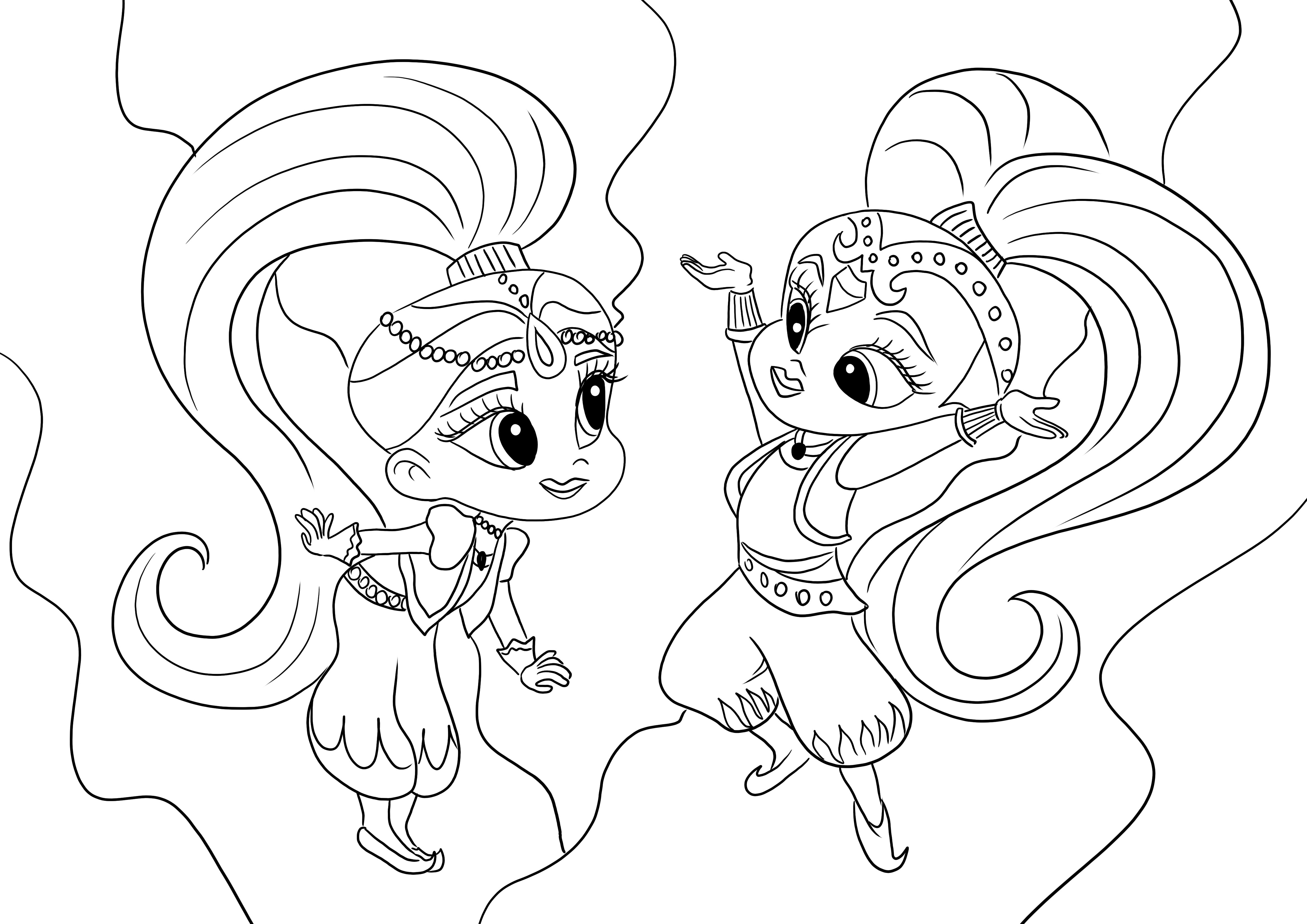 Shimmer and Shine are dancing and happy to be printed and colored for free