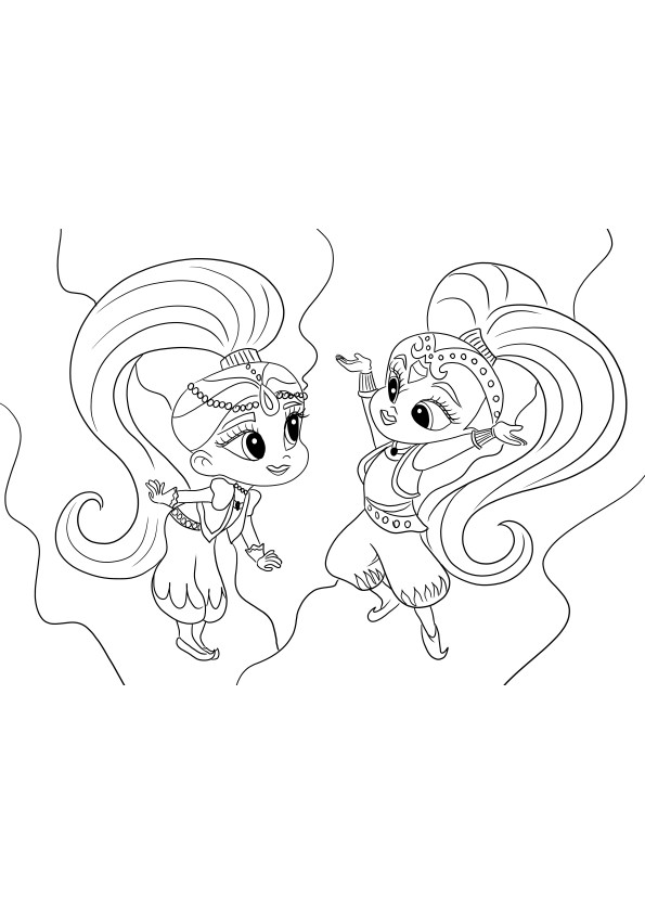 Shimmer et Shine dansent et sont heureux d'être imprimés et colorés gratuitement