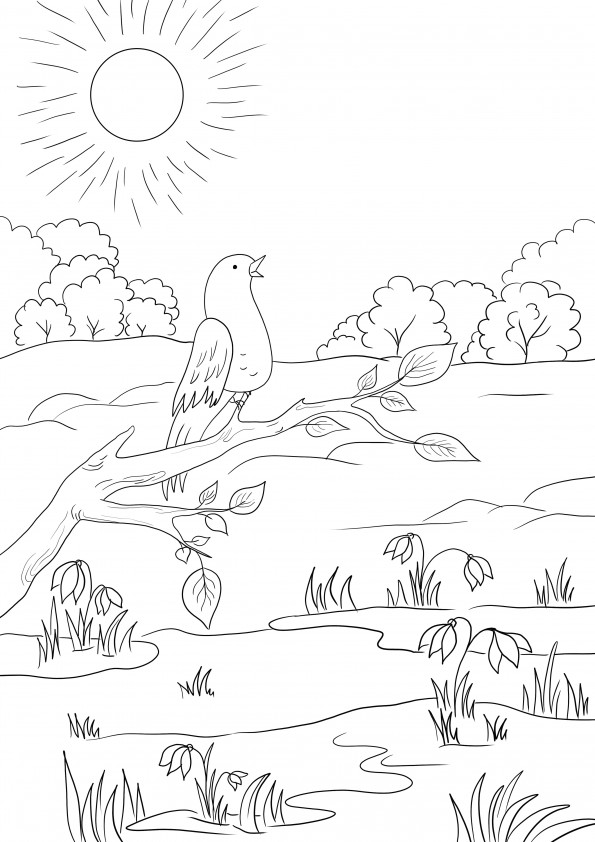 A beautiful Spring Scene ready to be printed for free and colored by kids