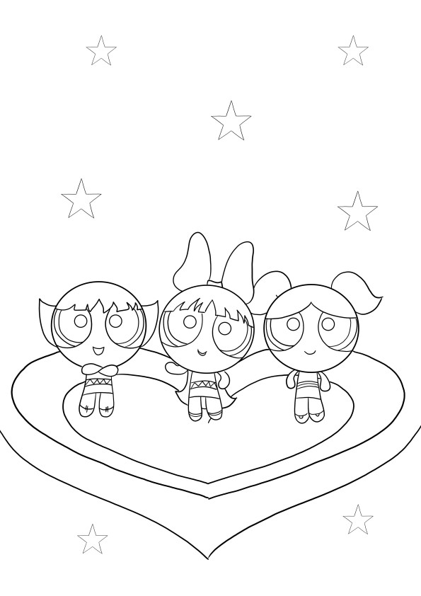 Powerpuff Girls in a heart for coloring and free downloading page