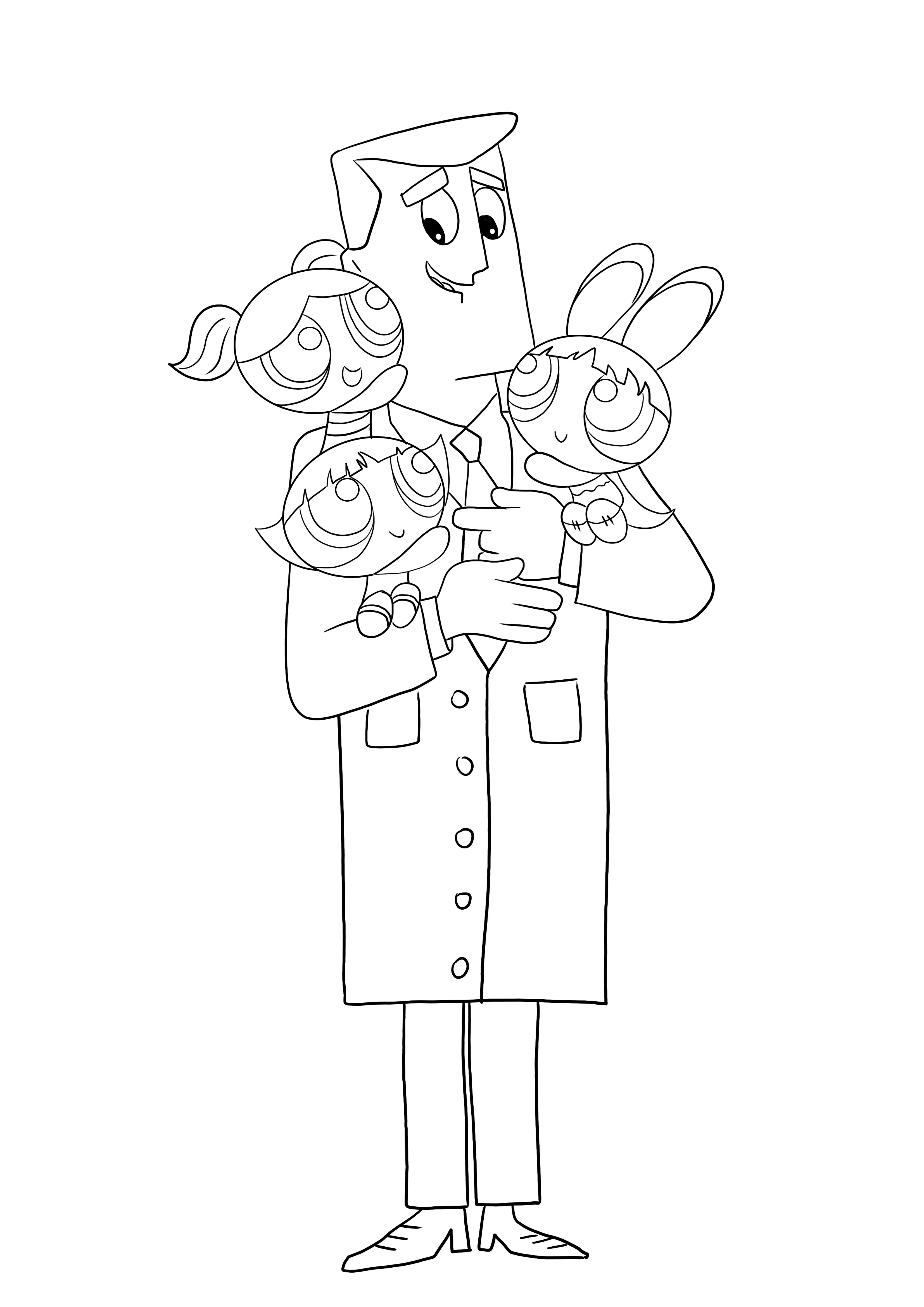 Professor Utonium holding Powerpuff Girls in his hands-ree to print and color