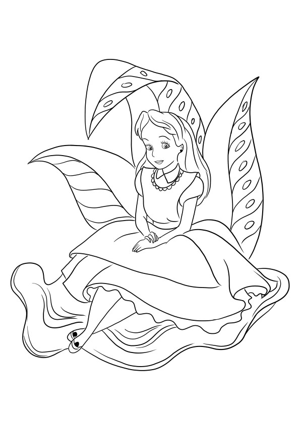 Iată o imagine de colorat gratuită cu Alice așezată pe o frunză uriașă pentru a imprima sau descărca