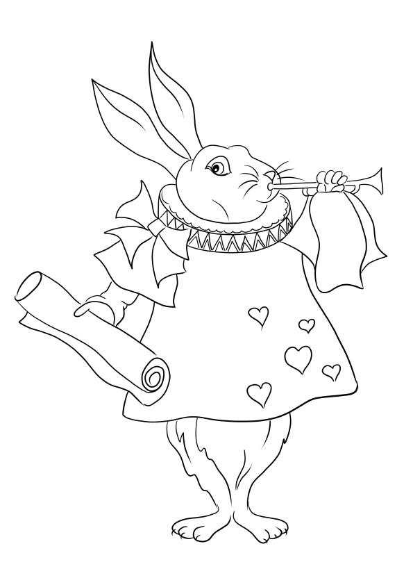 A great coloring sheet of the White Rabbit blowing horn free to download