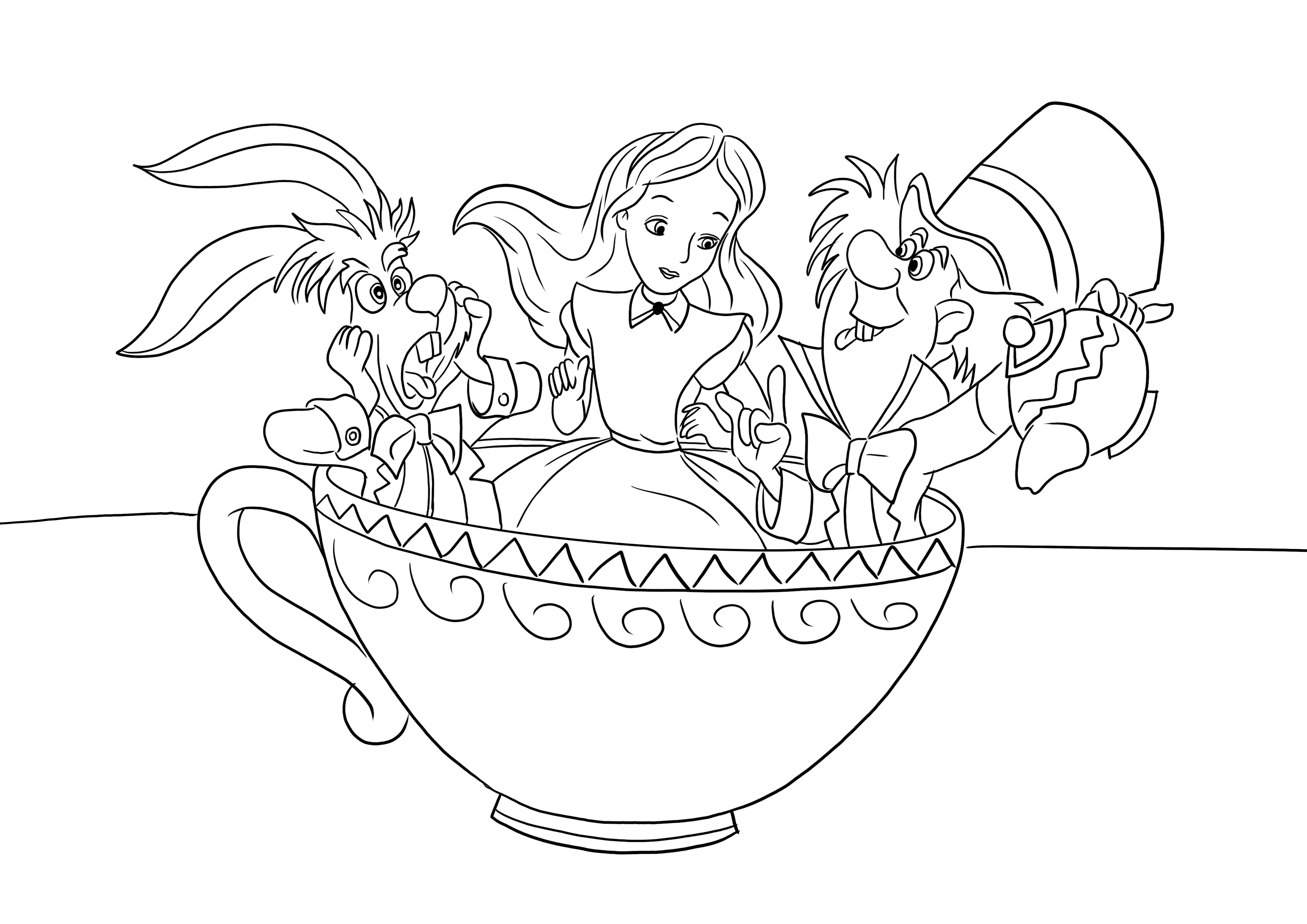 Imagen para colorear de Mad Hatter-Alice-Conejo en una taza de té para descargar o imprimir gratis