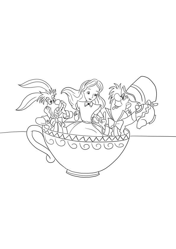 Imagen para colorear de Mad Hatter-Alice-Conejo en una taza de té para descargar o imprimir gratis