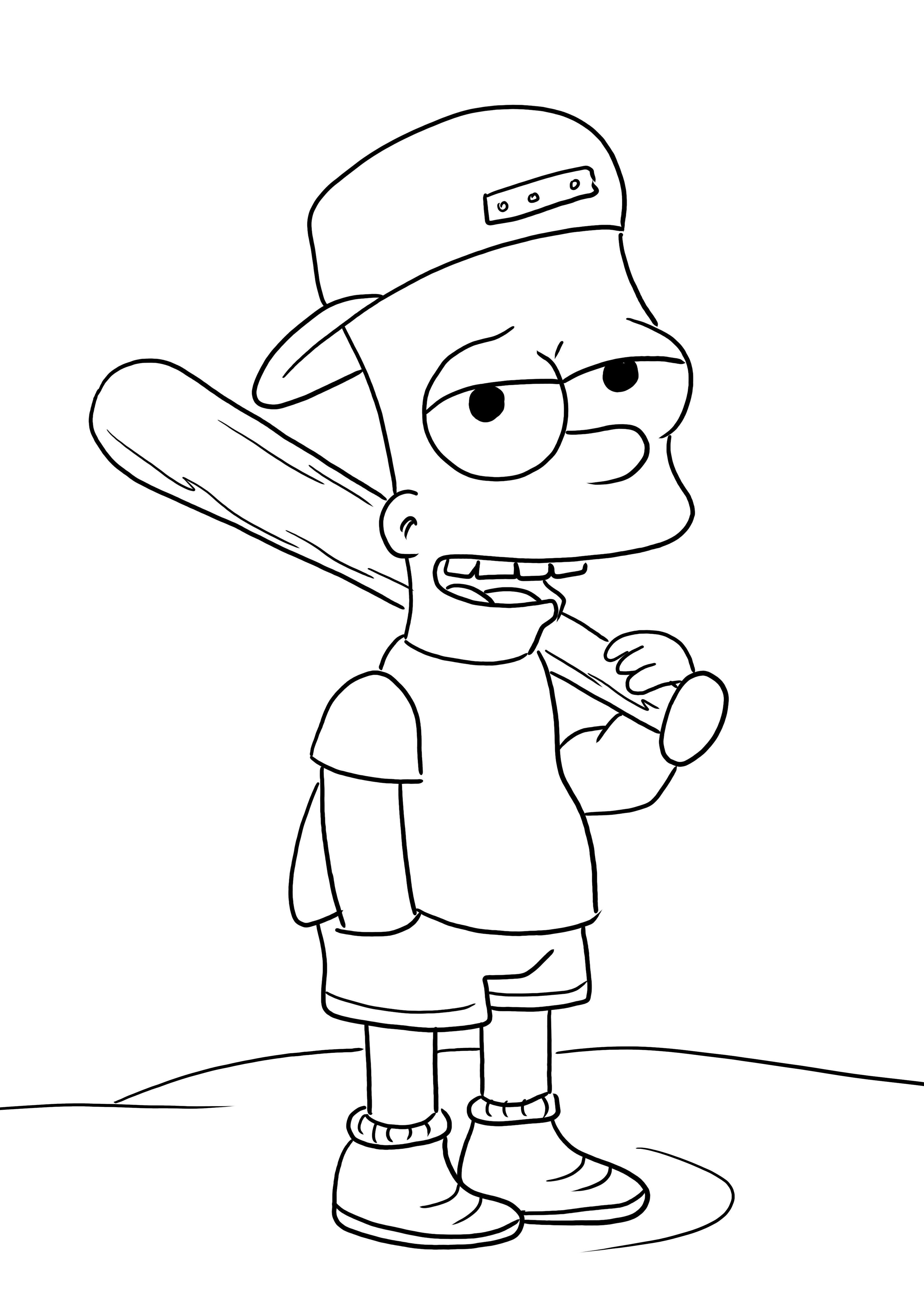 Bart Simpsons e seu bastão de beisebol impresso e sem cor