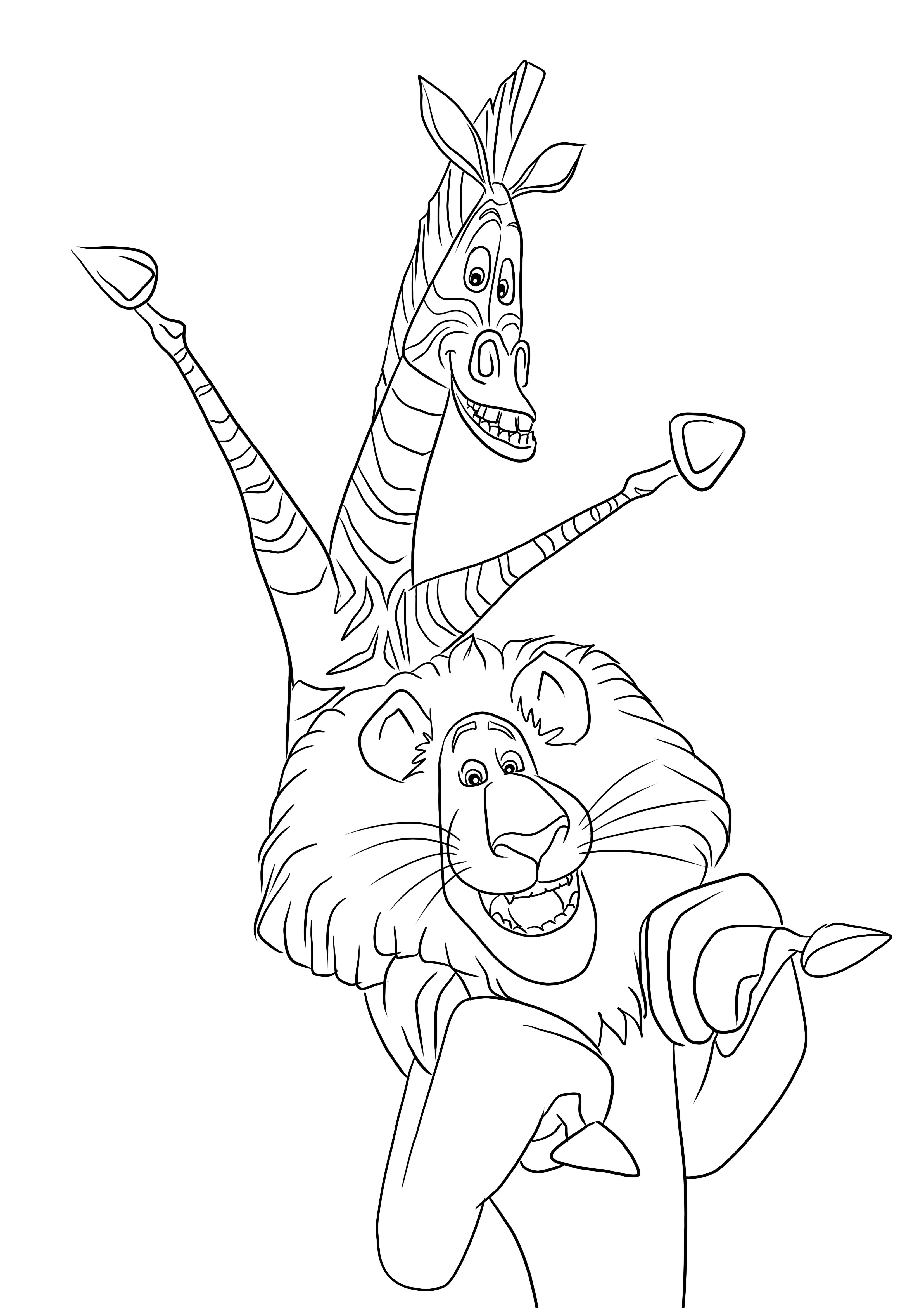 Semplice immagine da colorare di Melman e Alex il leone, da stampare o scaricare gratuitamente per i bambini