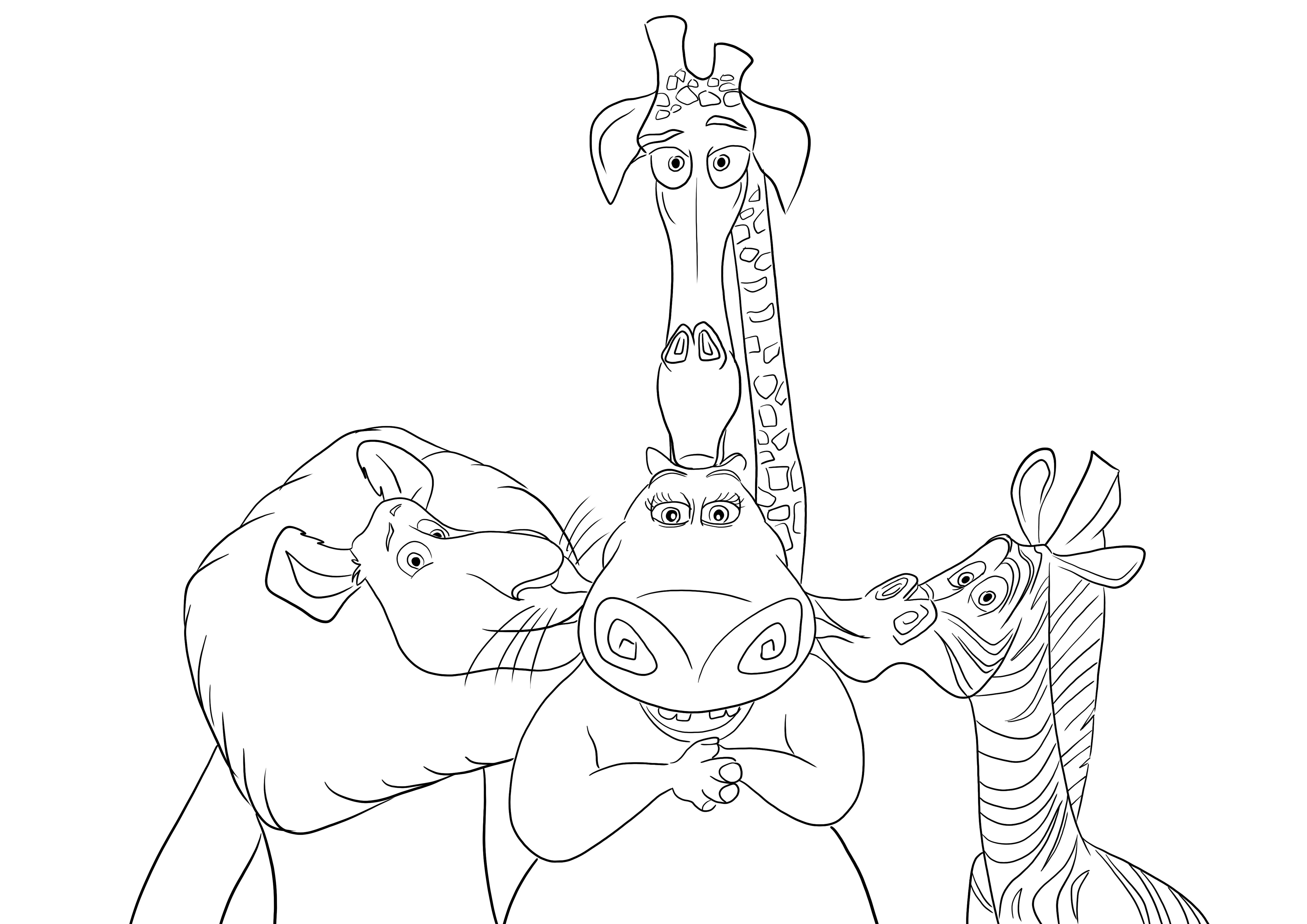 Bezpłatny wydruk, na którym Alex-Martin i Melman całują hipopotama Glorię do pokolorowania dla dzieci
