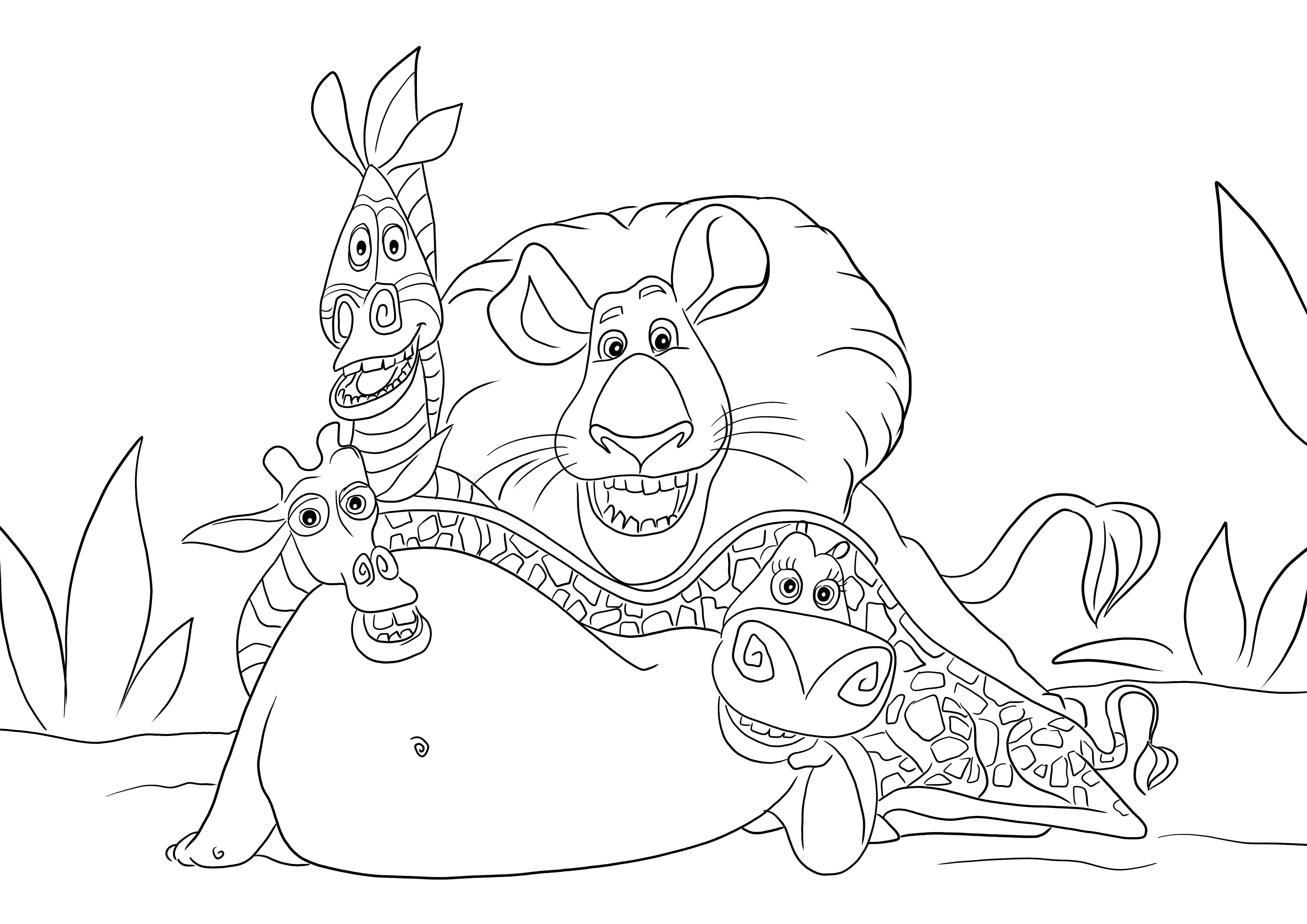 All favorite Madagascar friends in one coloring picture to download or print for free