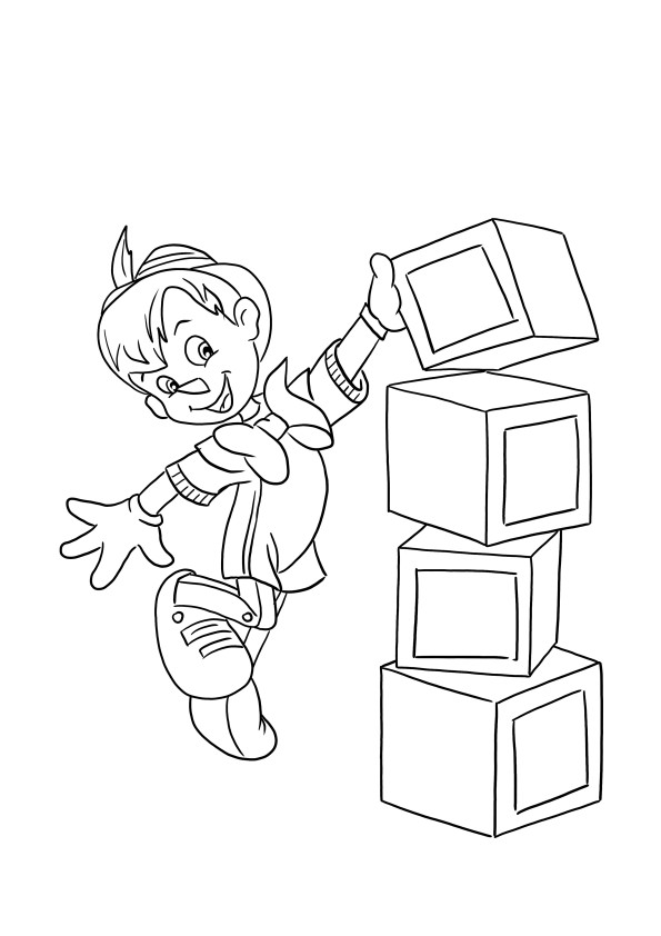 Easy to color image of Pinocchio and four cubes to download or print