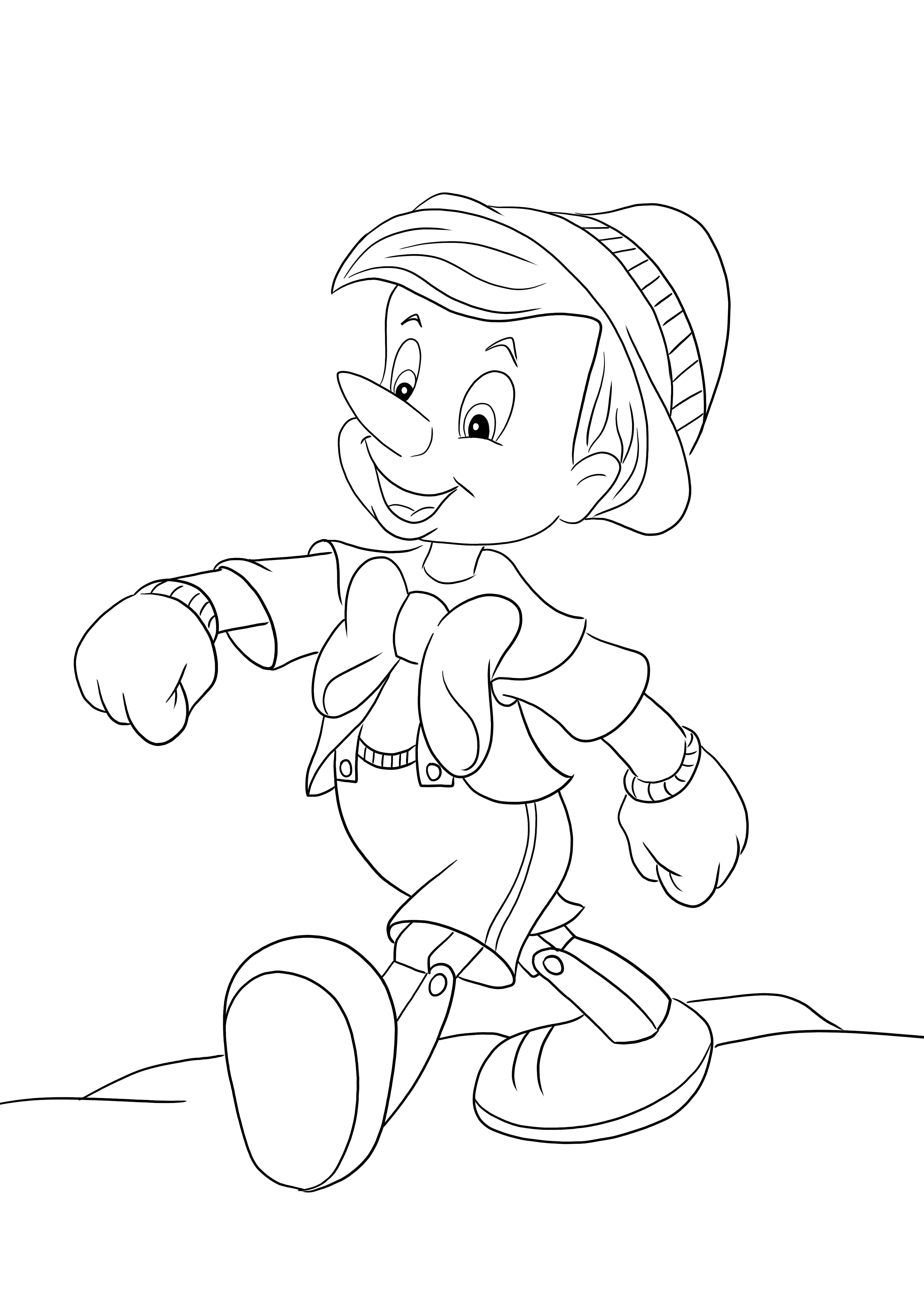 Pinocchio kävelee ylpeänä värityssivu - valmis ladattavaksi ja väritettäväksi