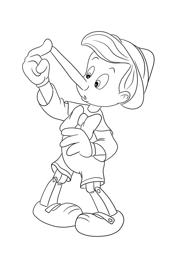 A funny free printable picture of Pinocchio and his growing nose to color