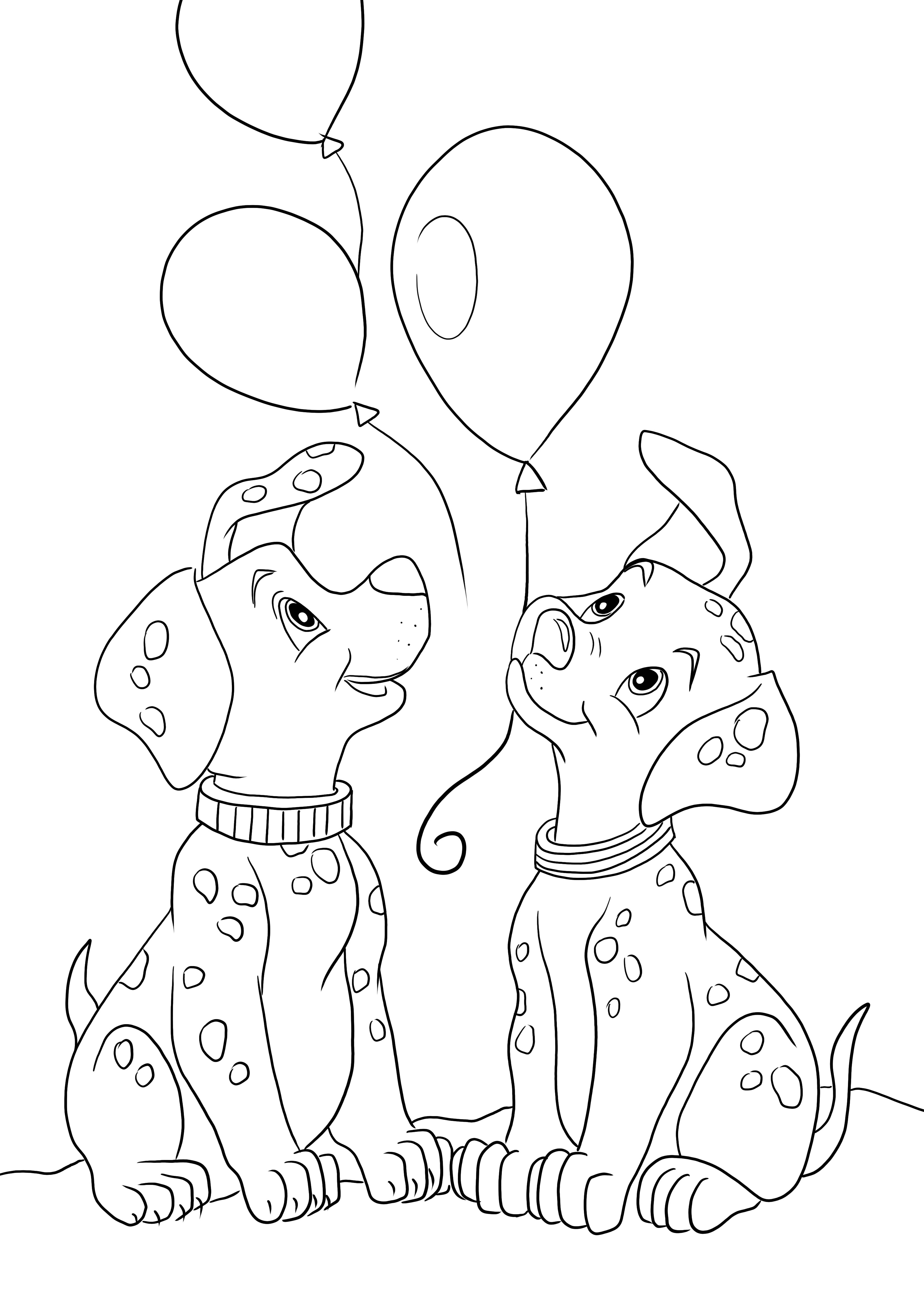パッチとローリー ダルメシアンの子犬と風船を無料で印刷して簡単に着色できるページ