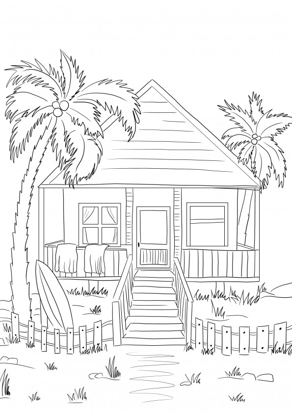 Free printing of a Beach House coloring image simple to color