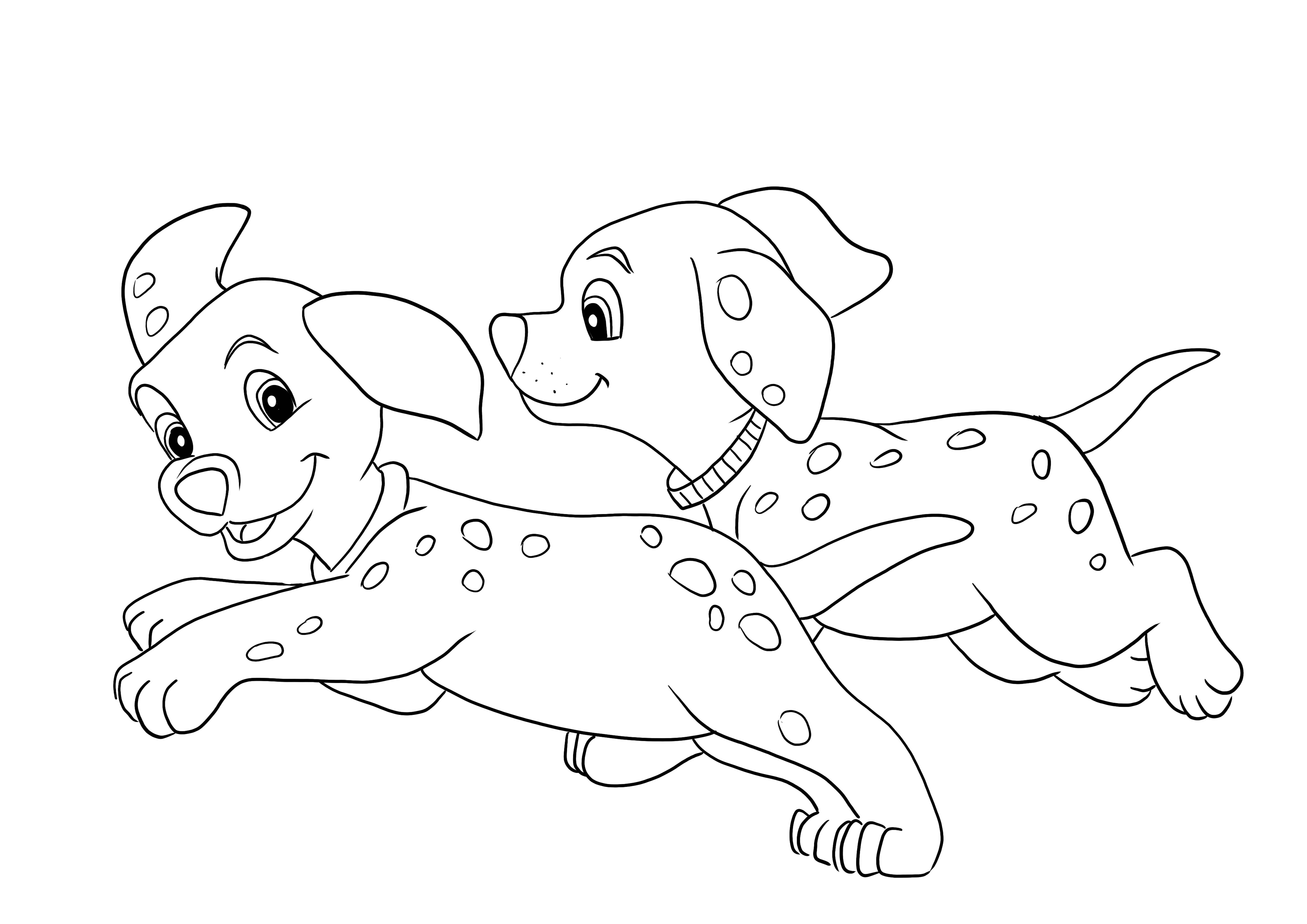 Lindos cachorros dálmatas corren imagen para colorear gratis para descargar fácilmente