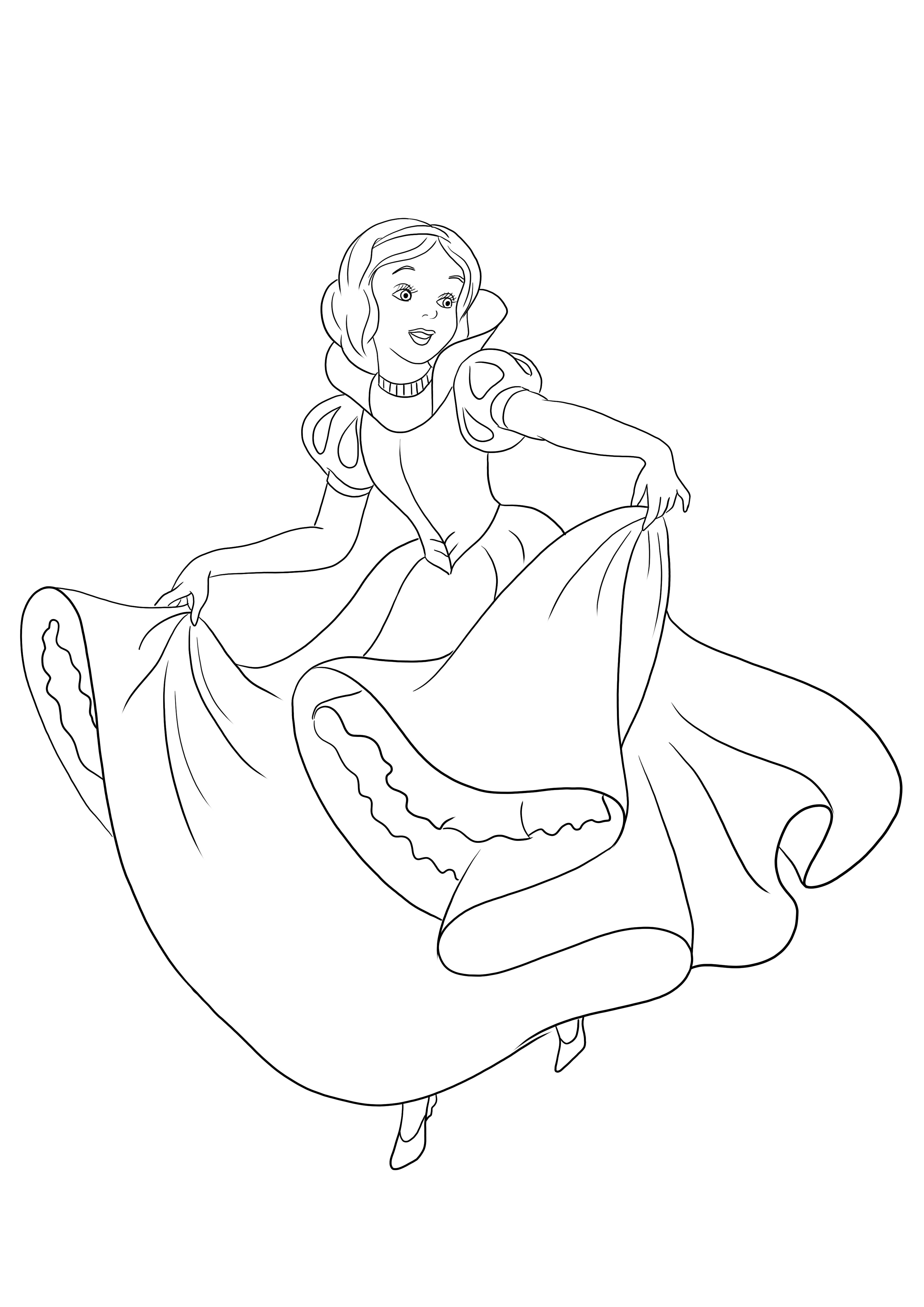 Pamuk Prenses'in kullanıma hazır dans eden resmini ücretsiz olarak renklendirebilir ve yazdırabilirsiniz.