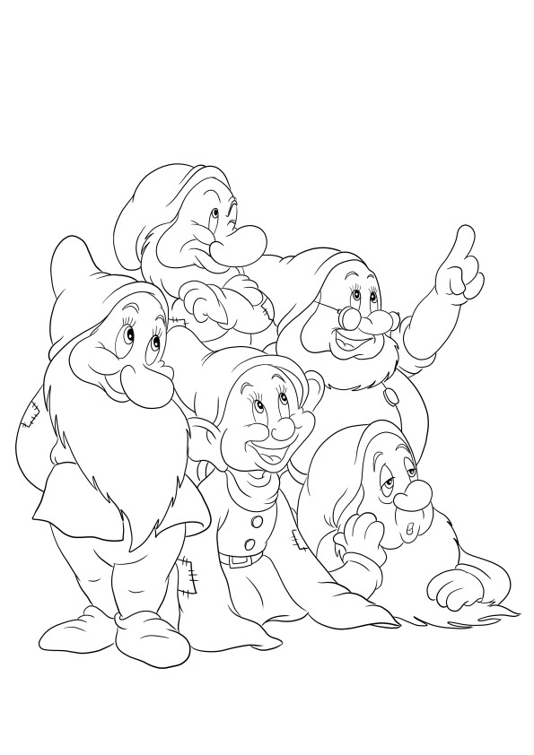 Easy to print and color page of the five dwarfs for kids to have fun