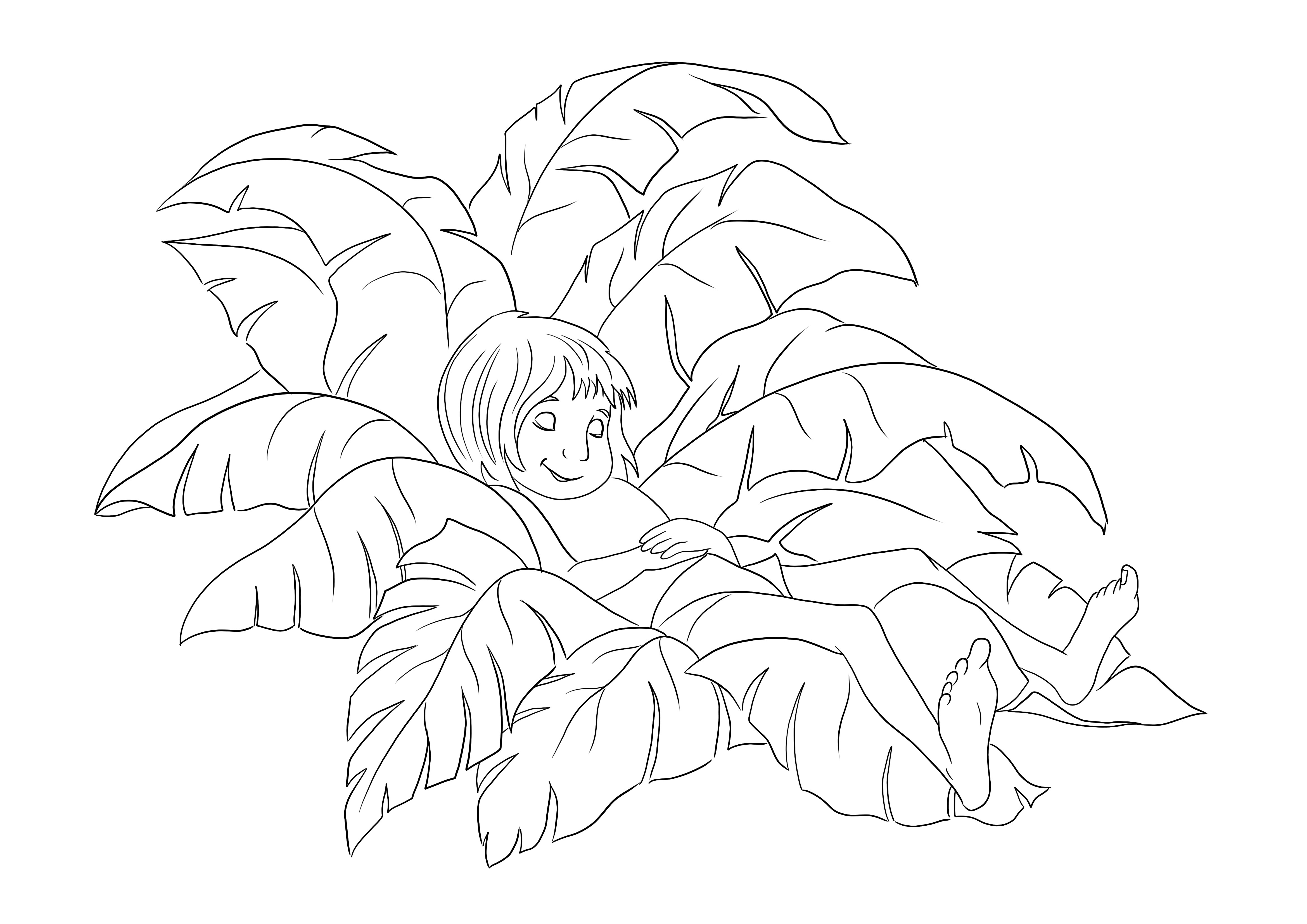 Una facile colorazione e stampa di Mowgli che dorme su foglie di palma per uso gratuito