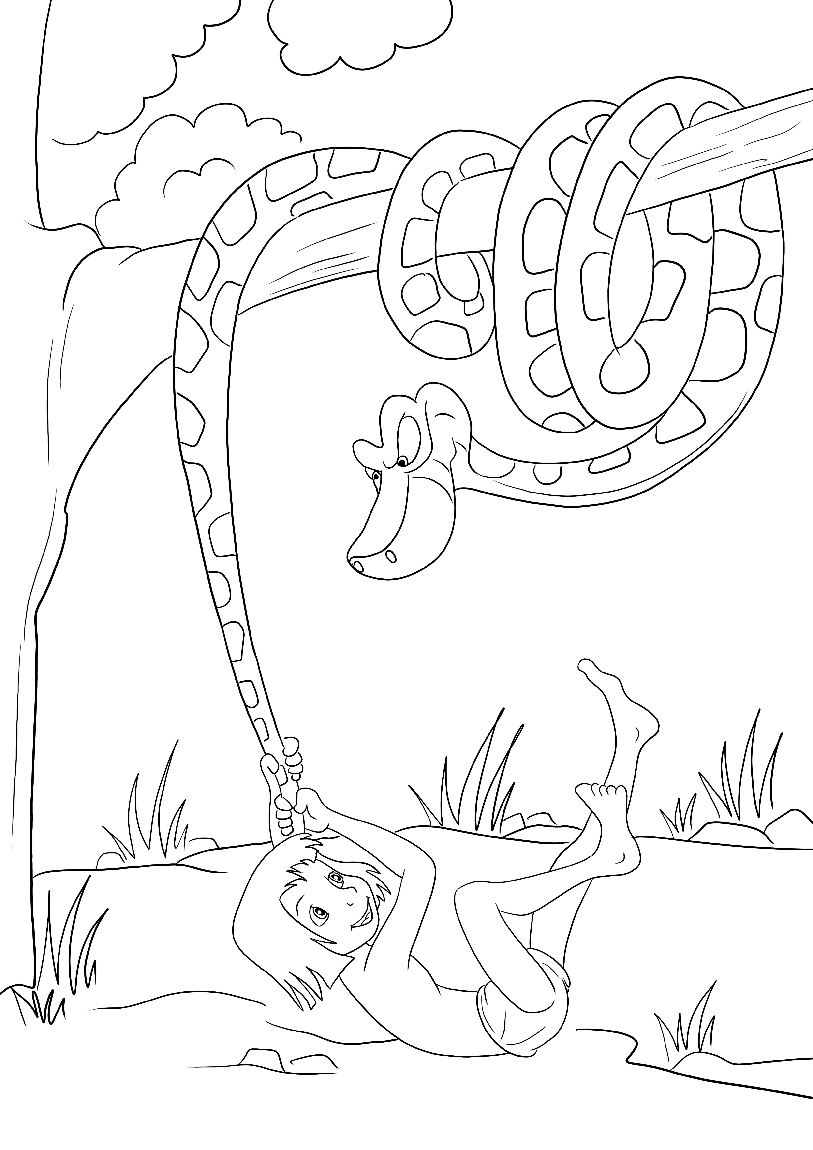 Mowgli puxando Kaa sem cauda para colorir e imprimir para as crianças se divertirem