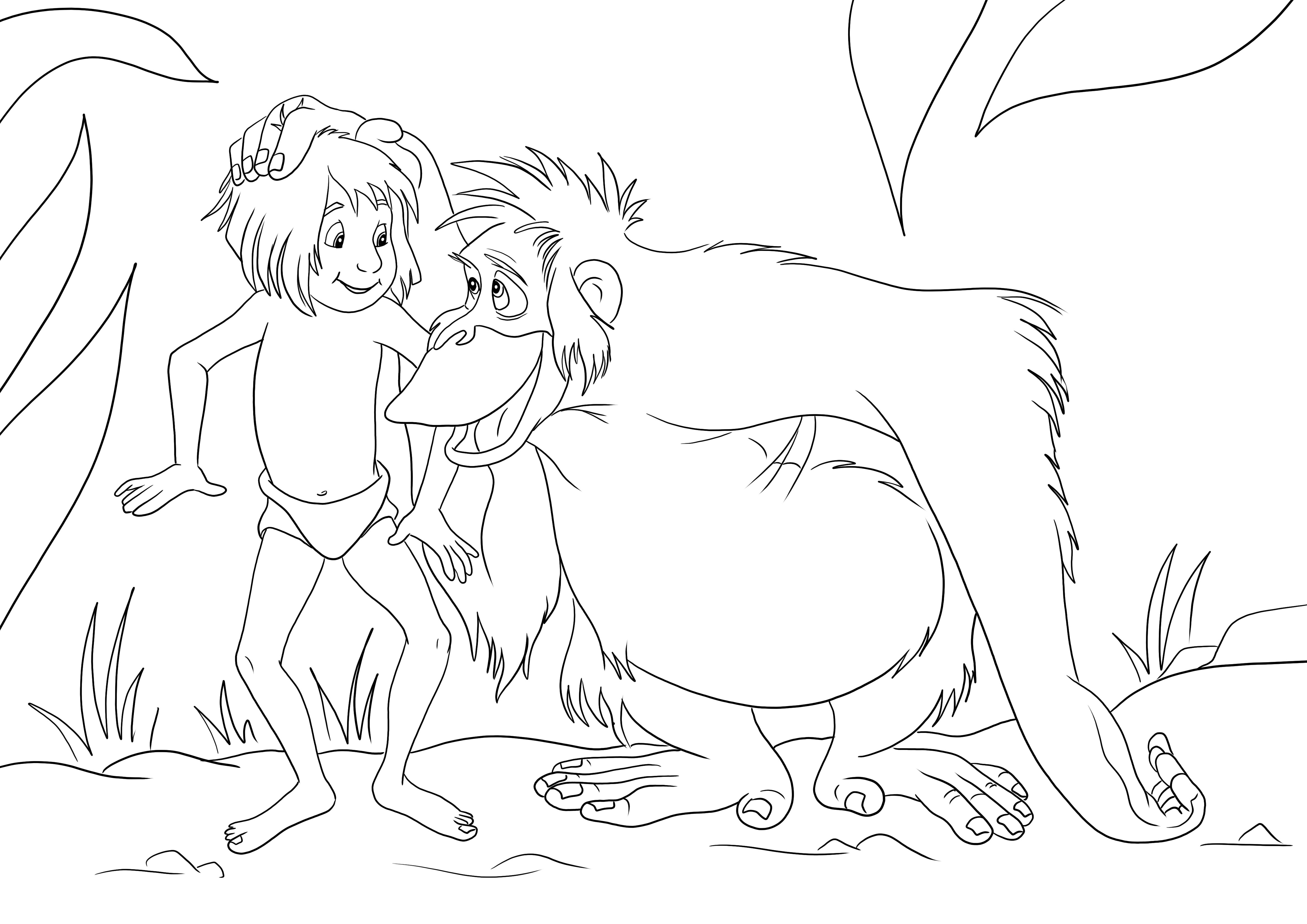 Mowgli ve Kral Louie, ücretsiz olarak indirilmeye hazır kolay bir boyama sayfasıdır.