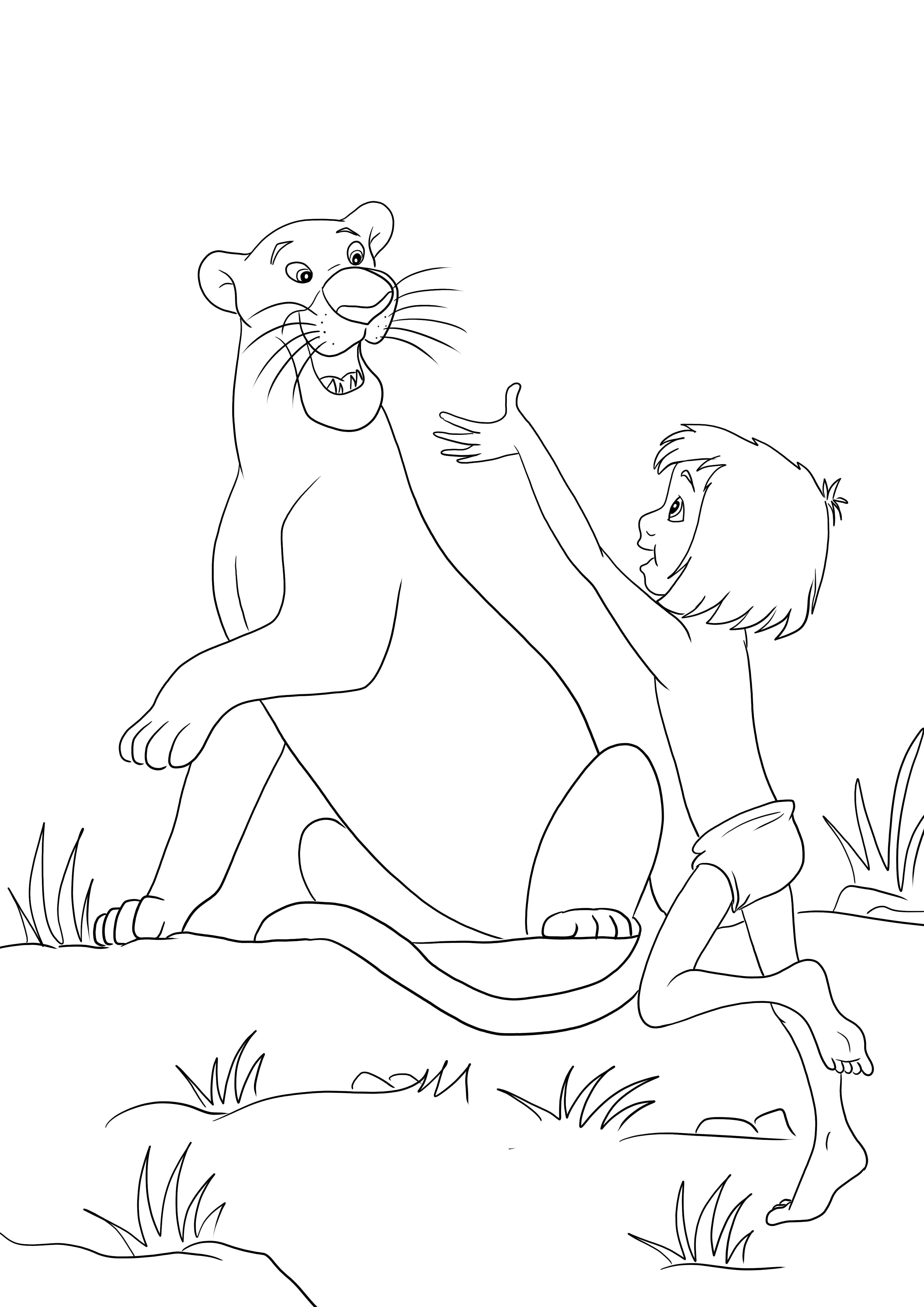Mowgli și Bagheera sunt fericiți împreună, fără colorat și descărcare de imagini