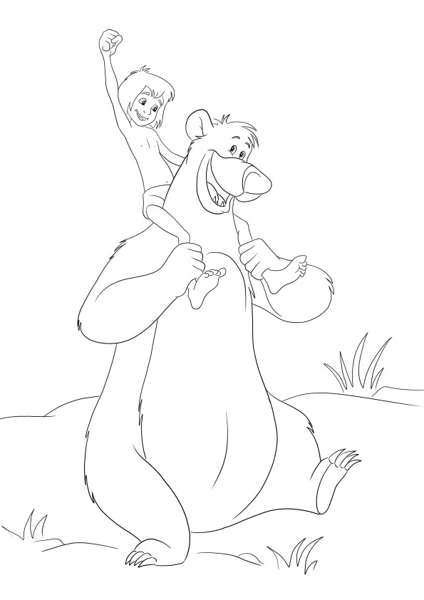Balu holding Mowgli on his shoulders coloring image- free to print and color for kids