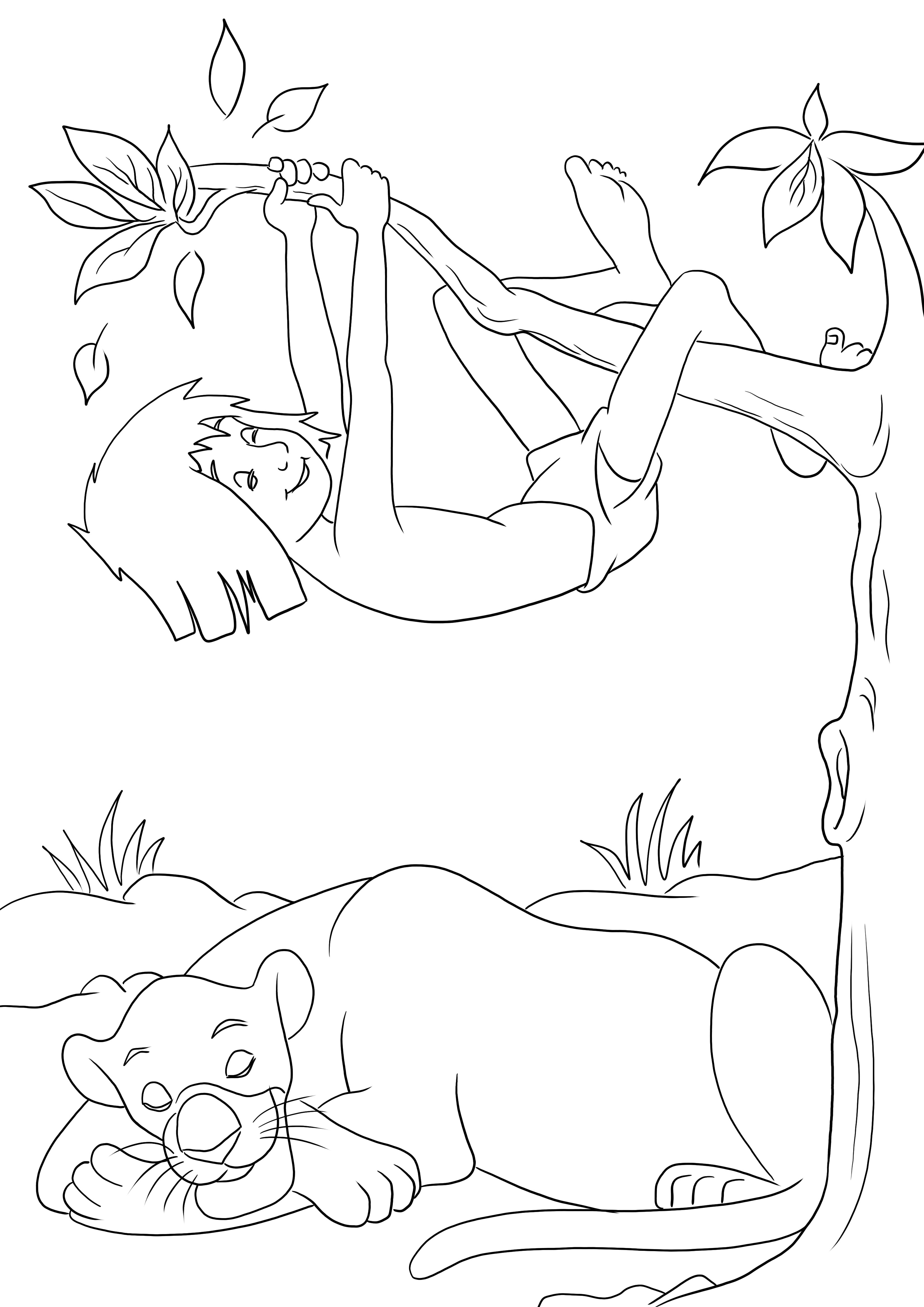 Mowgli y Bagheera durmiendo imprimible gratis para colorear fácil