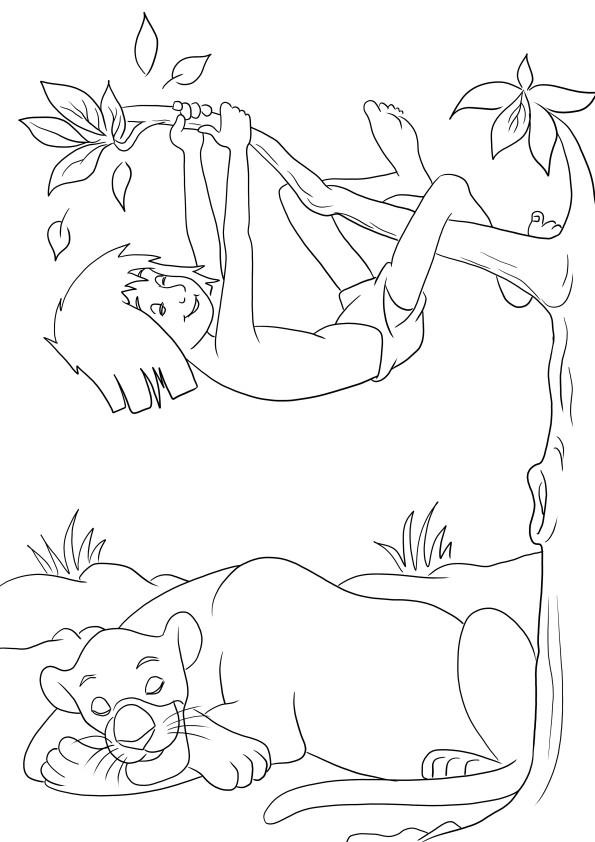 Mowgli and Bagheera sleeping free printable for easy coloring