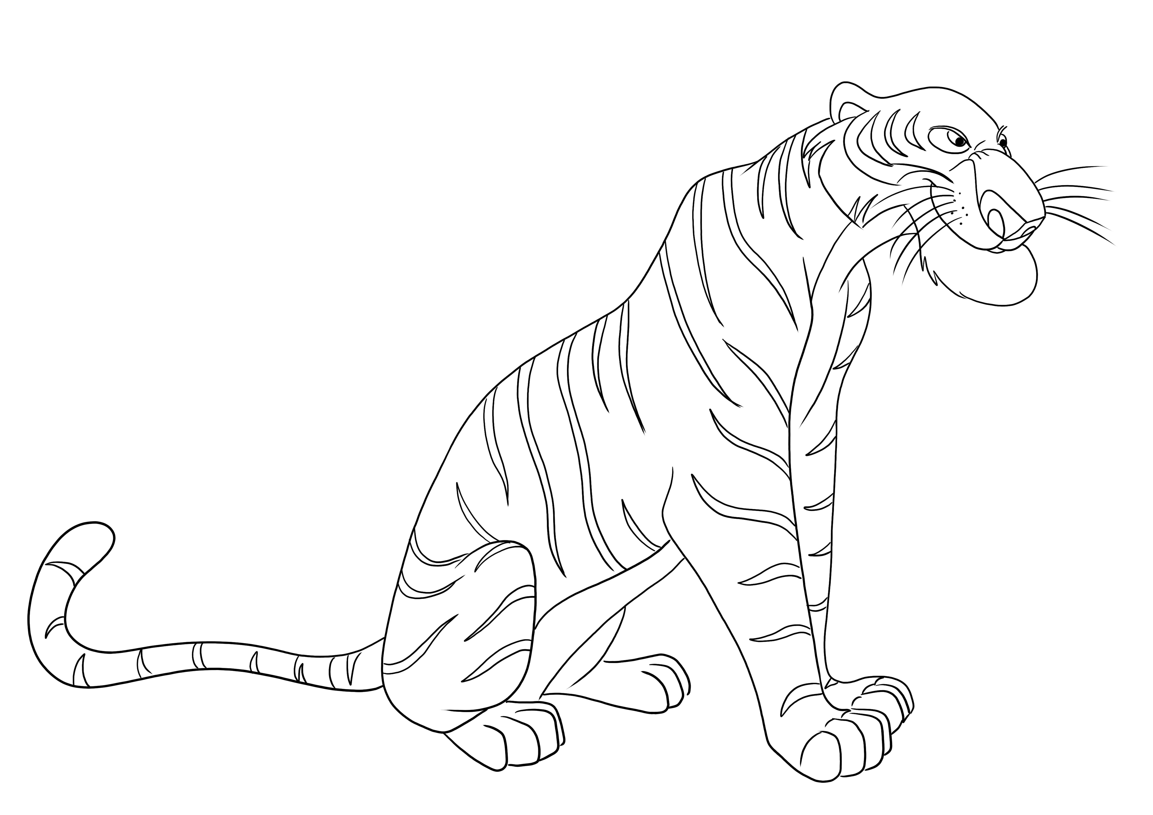 Das Ausmalbild Shere Khan der Tiger aus dem Buch des Dschungels kann kostenlos heruntergeladen werden