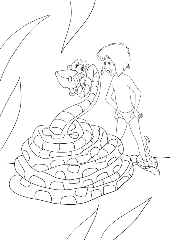 Kaa and Mowgli ready for coloring picture and free to print or save for later