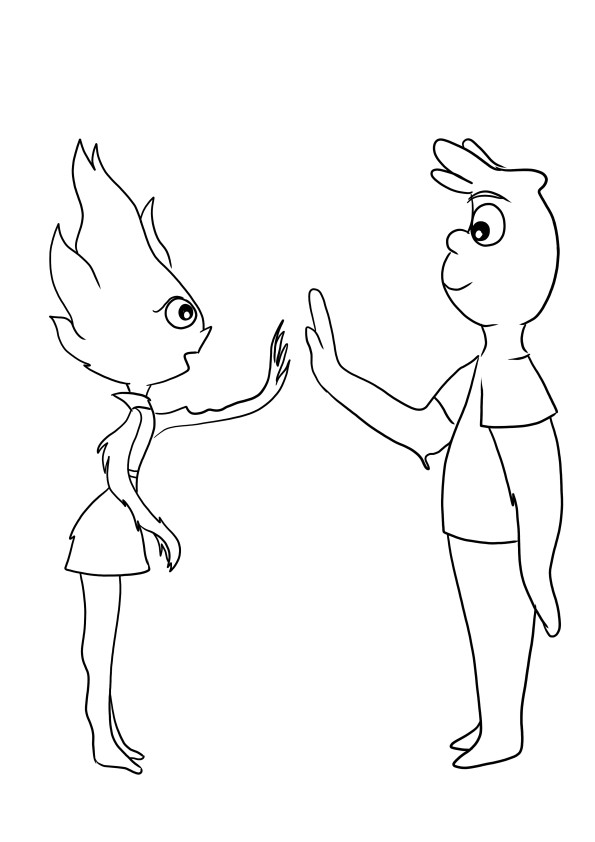 Elemental Wade et Amber se tenant la main est une feuille de coloriage et imprimable gratuite pour les enfants