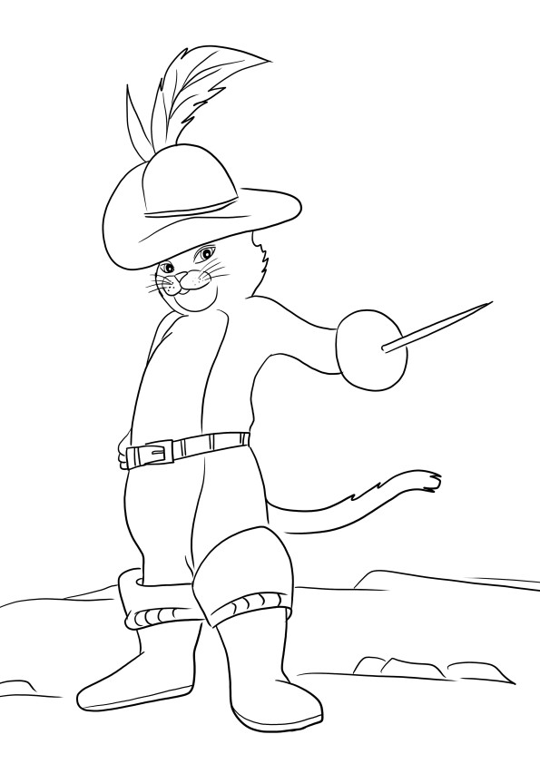 An easy-to-color of Puss in Boots pointing his sword to download or print free