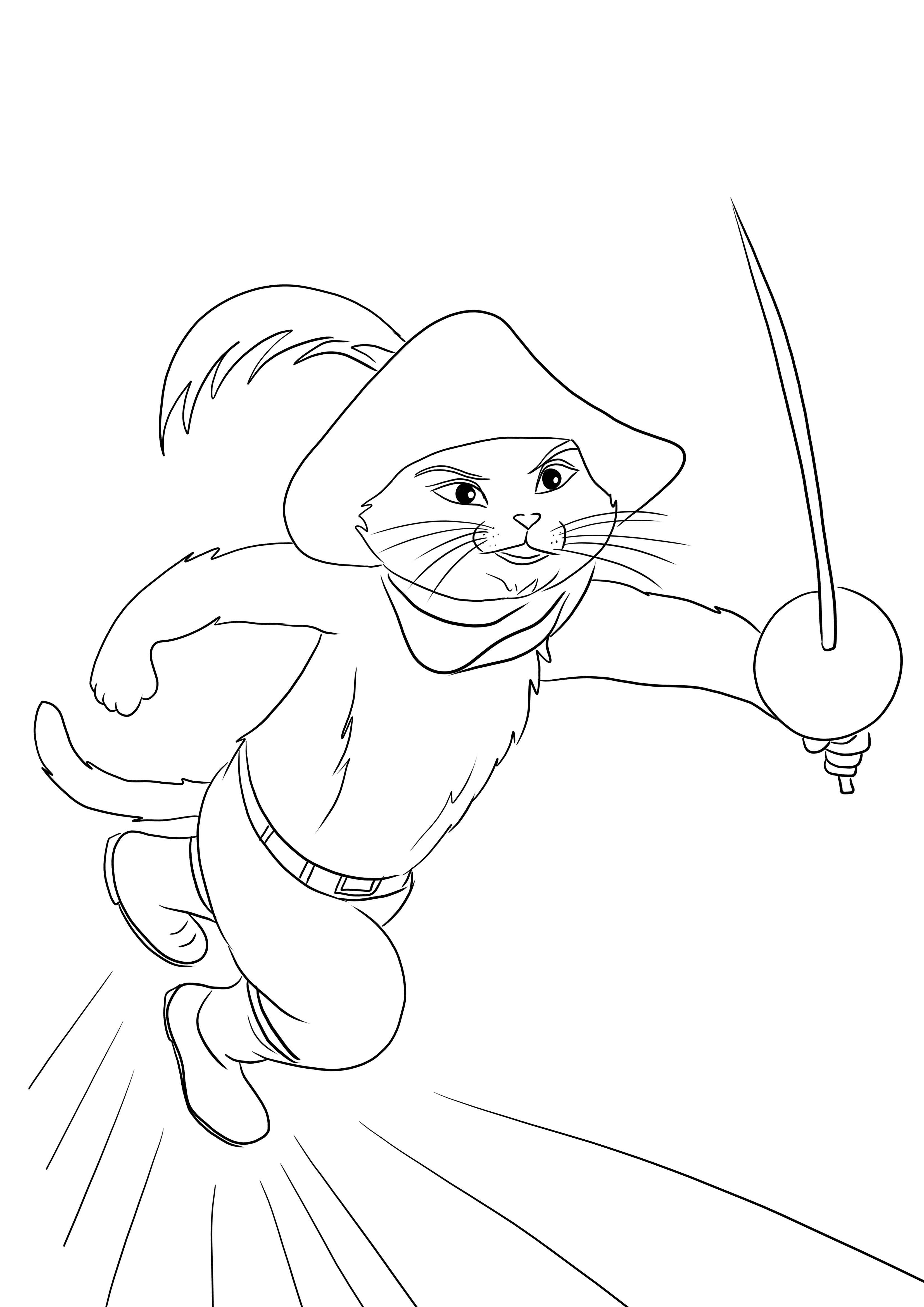 Free and easy coloring picture of Puss in Boots coming to rescue to print