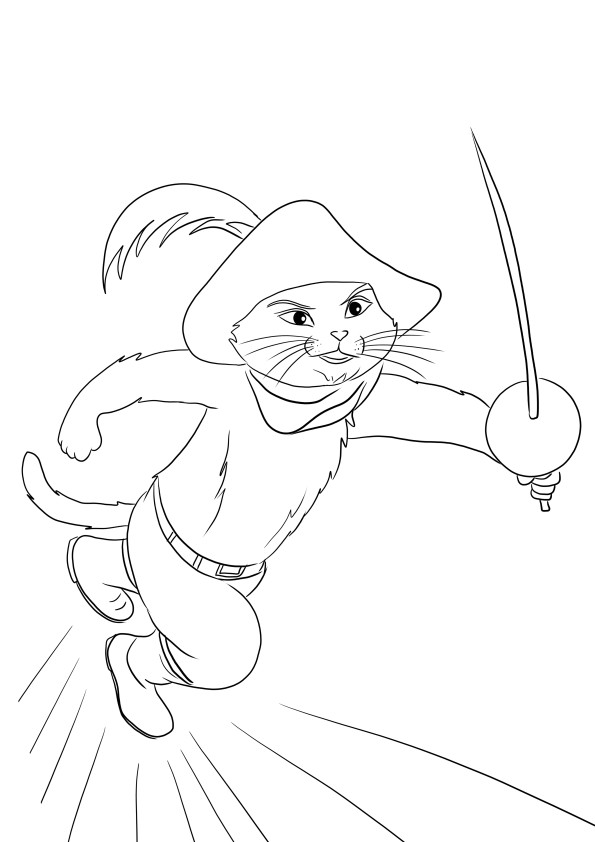 Free and easy coloring picture of Puss in Boots coming to rescue to print