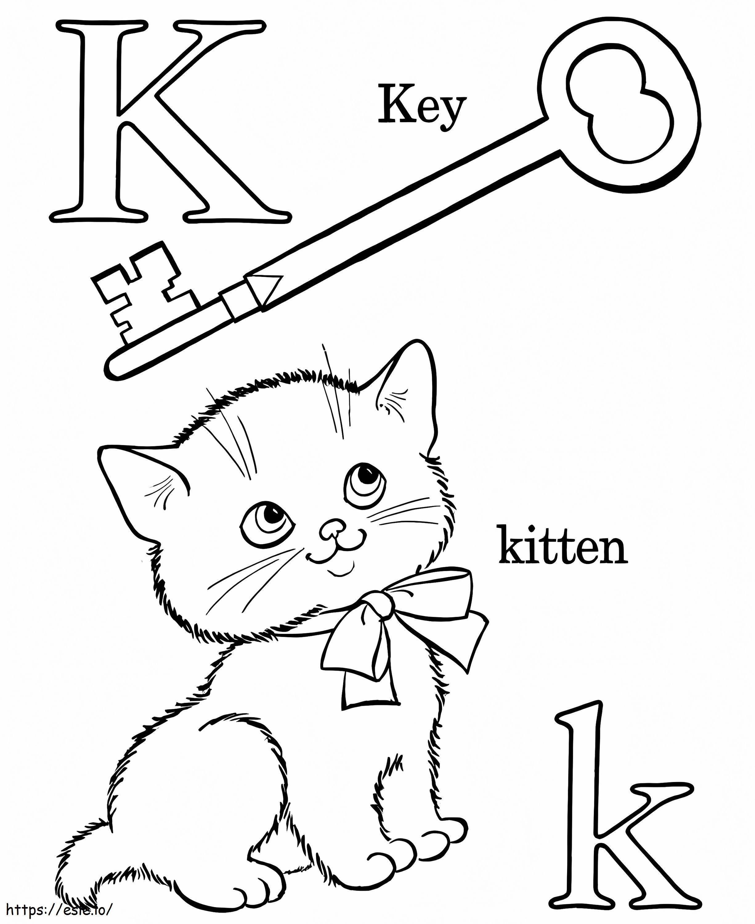 アルファベット K と子猫の鍵 ぬりえ - 塗り絵
