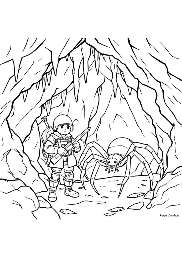 洞窟の兵士とクモのぬりえ