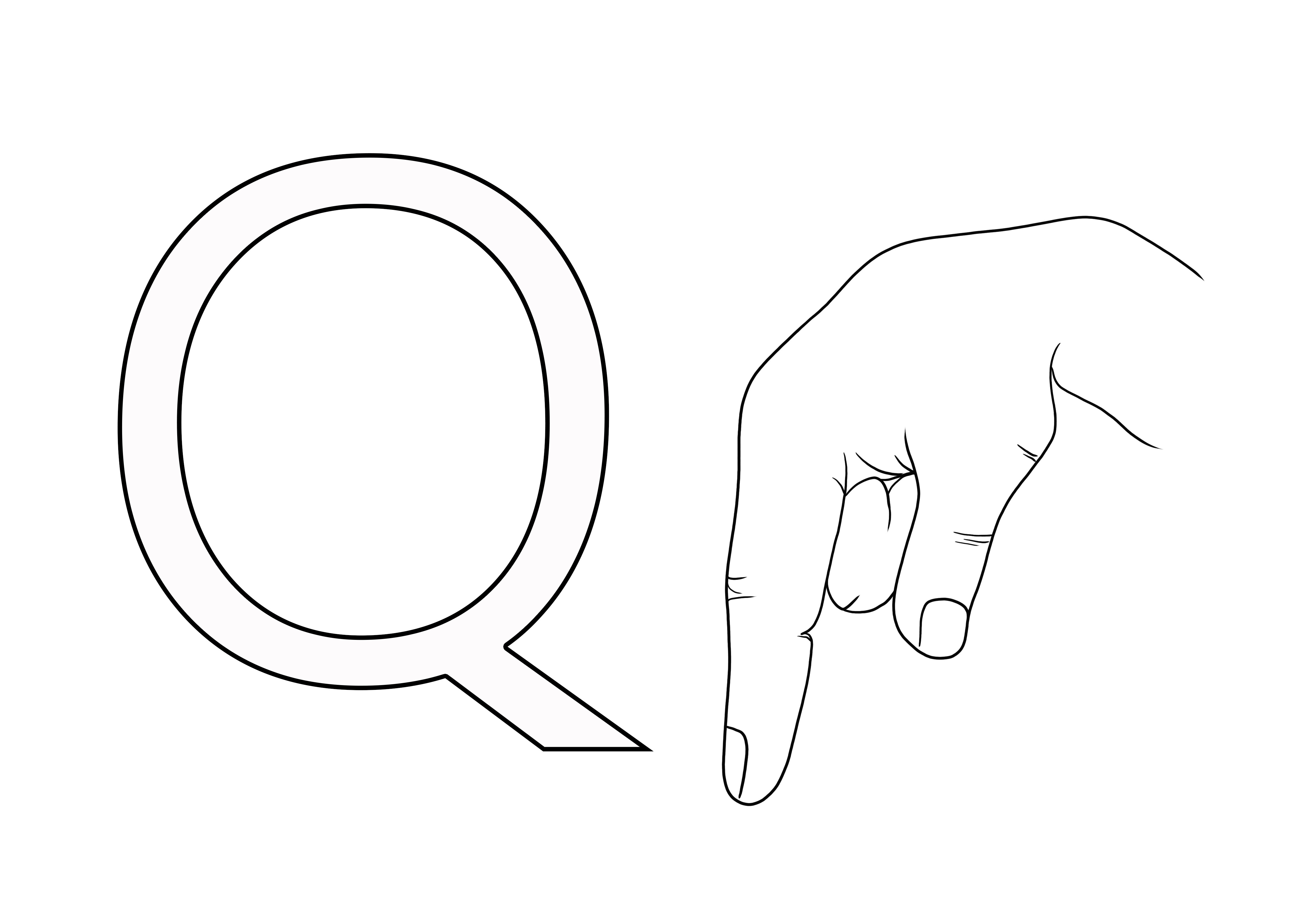 ASL Viittomakieli Letter Q ilmaiseksi tulostettavissa värillisiksi lapsille, jotta he oppivat helposti ASL:n
