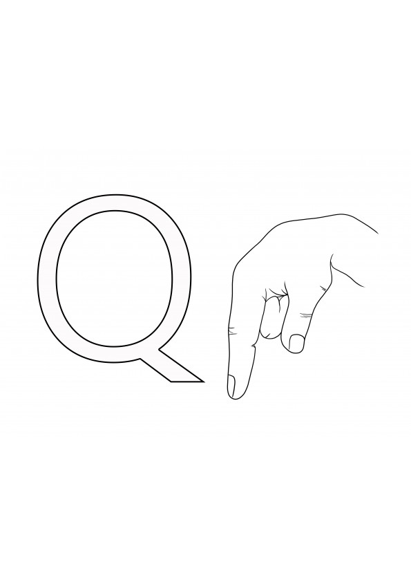 ASL Sign Language Letter Q kostenlos ausdruckbar zum Ausmalen für Kinder zum einfachen Erlernen der ASL