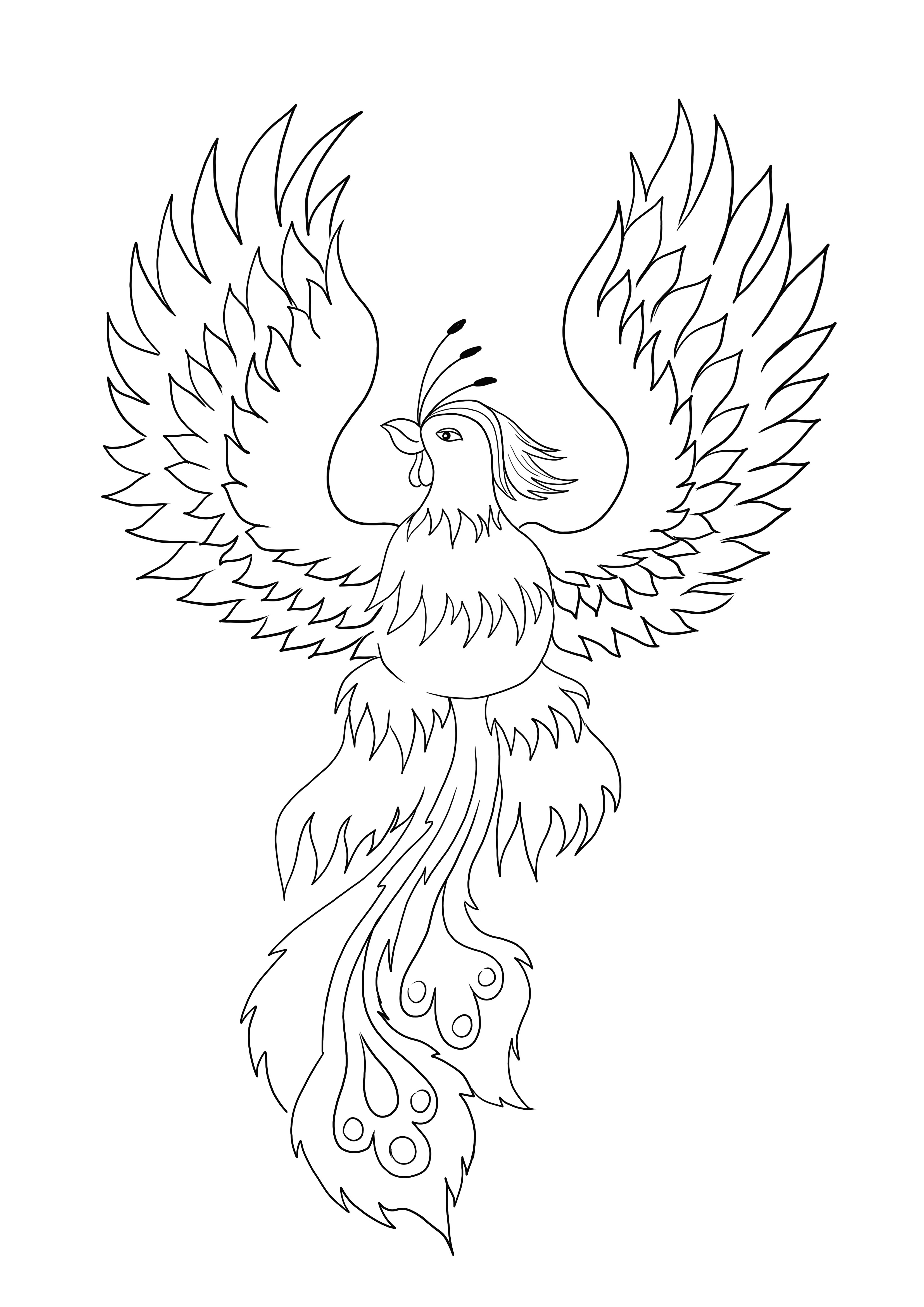 A gyönyörű Phoenix madár készen áll az ingyenes színezésre és nyomtatásra