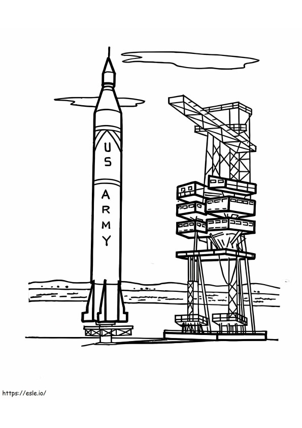 Nave espacial cerca de la torre de lanzamiento para colorear