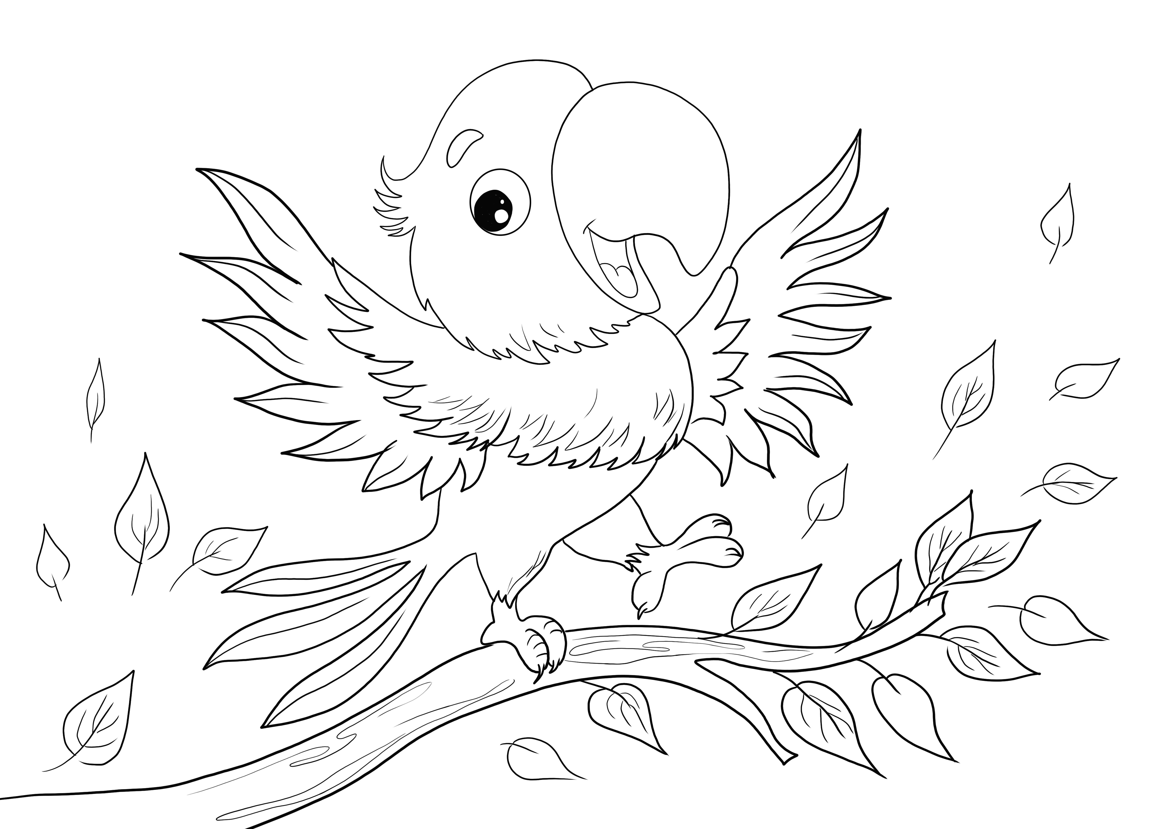 Papagaio cantando em um galho de árvore grátis para imprimir para colorir folha