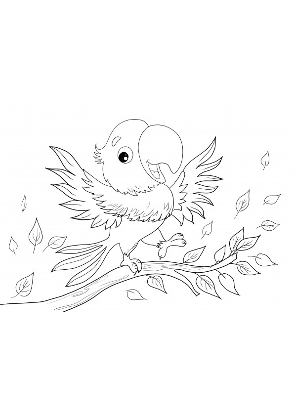 Papagaio cantando em um galho de árvore grátis para imprimir para colorir folha