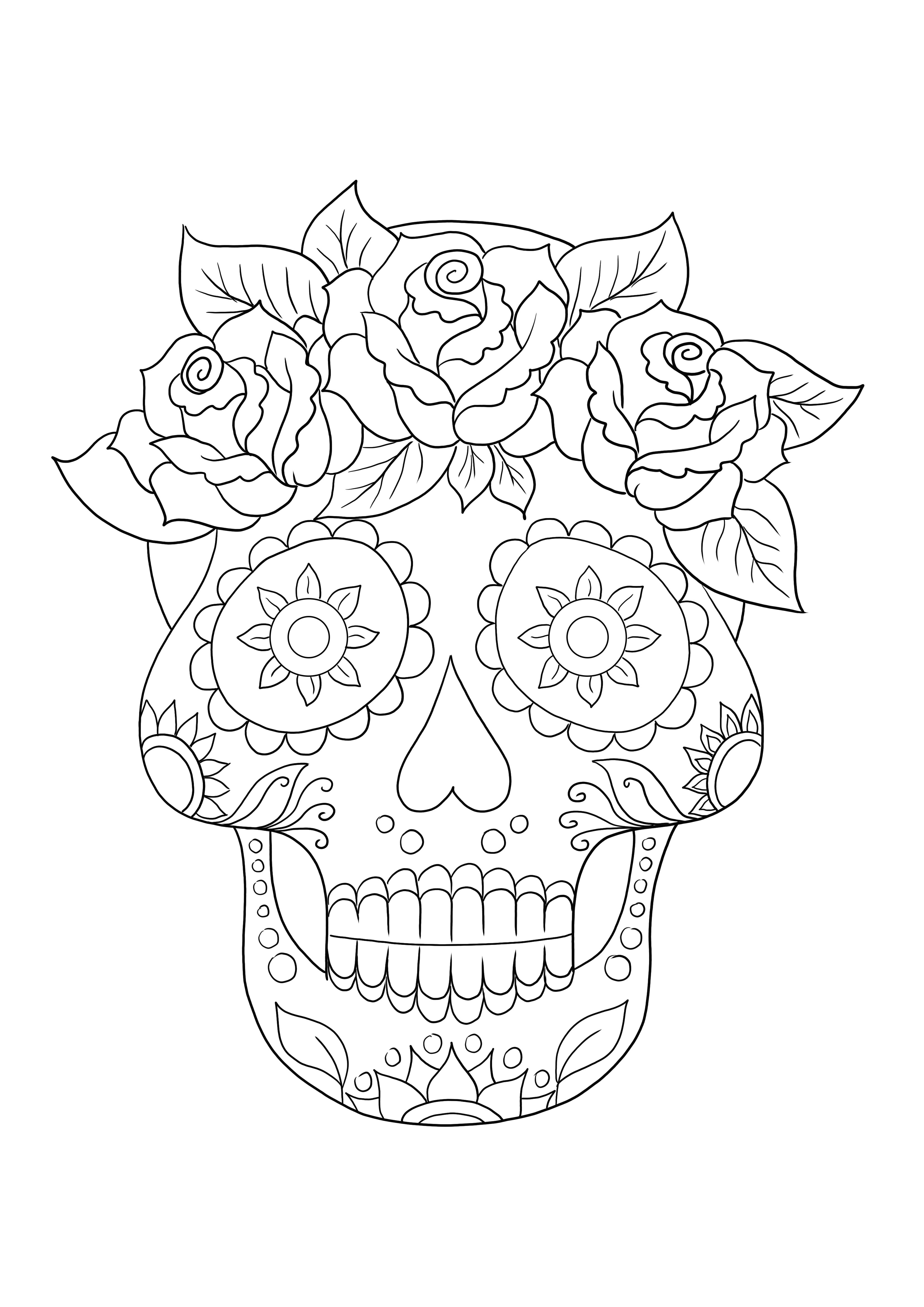 An original Sugar Skull free coloring sheet to be printed and used to teach about unconventional art