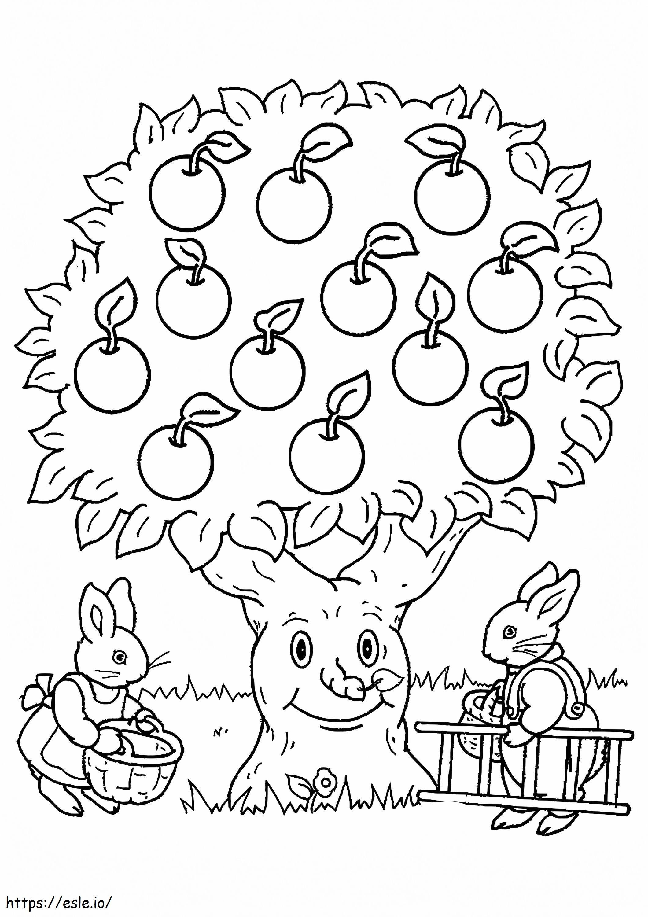 Apfelbaum und zwei Kaninchen ausmalbilder