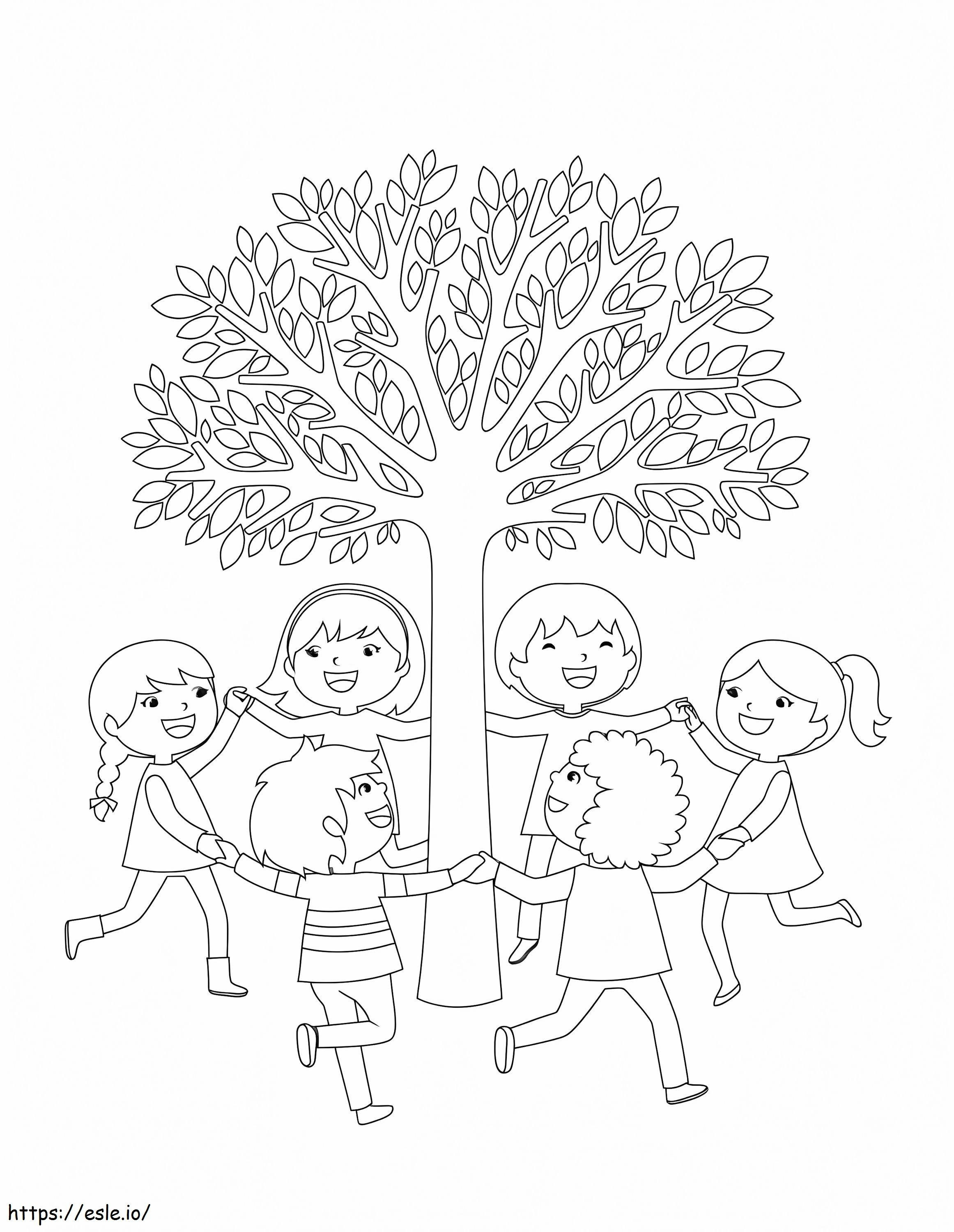Seis amigos brincando com a árvore para colorir