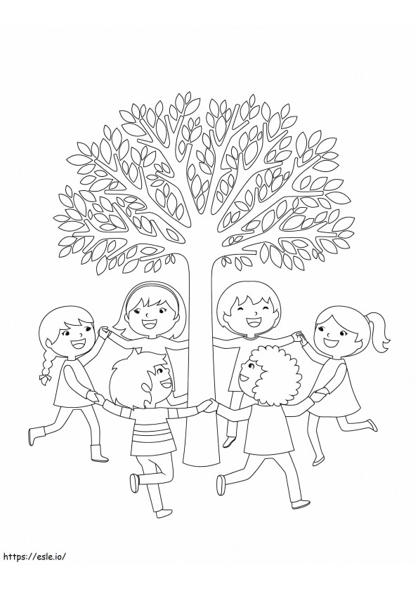Kuusi ystävää leikkimässä puulla värityskuva
