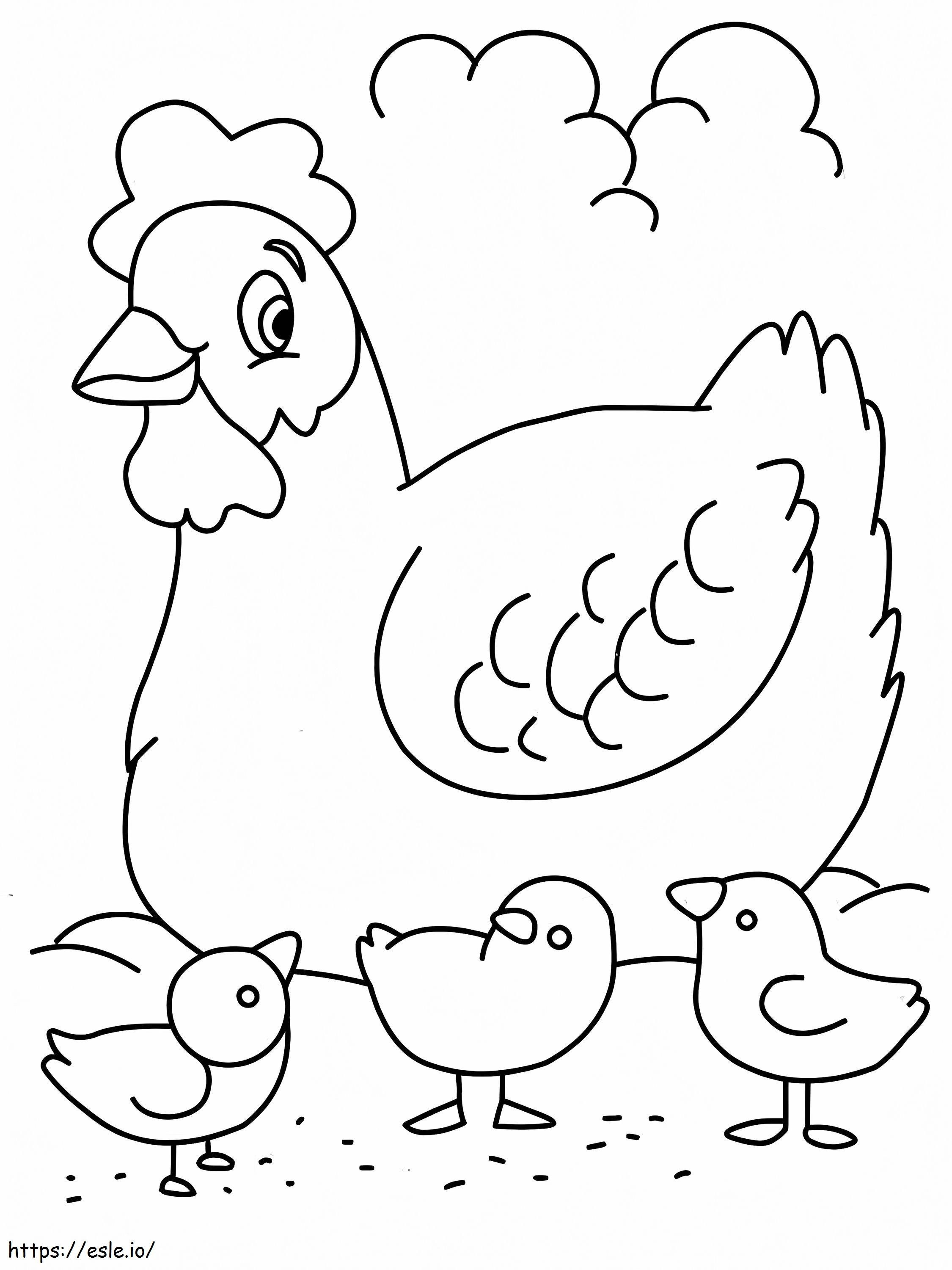 Sarjakuva kana ja poikaset värityskuva