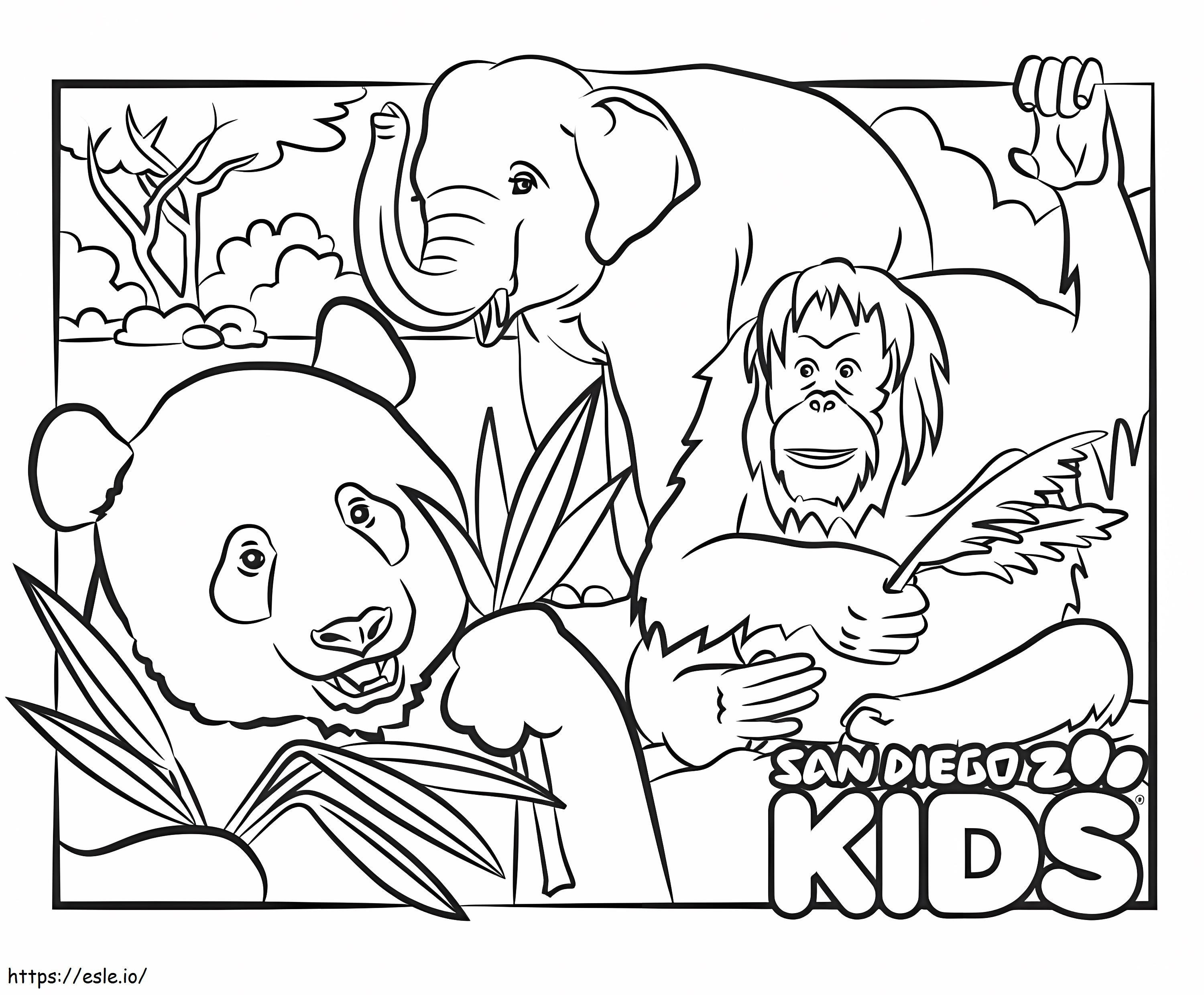 Orangután Panda y Elefante para colorear