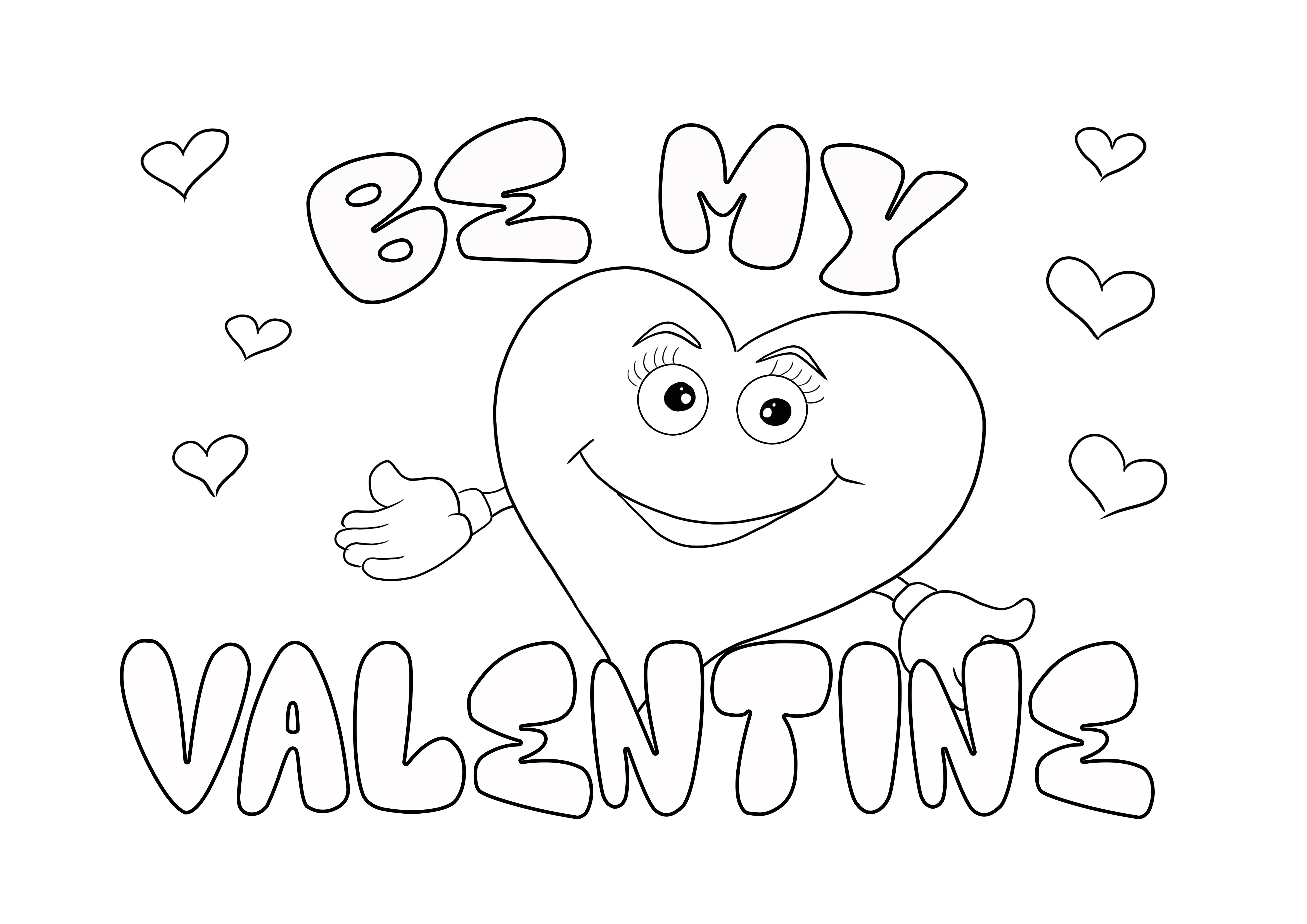 Hati yang tersenyum pada kartu Be My Valentine yang dapat dicetak bebas untuk diwarnai