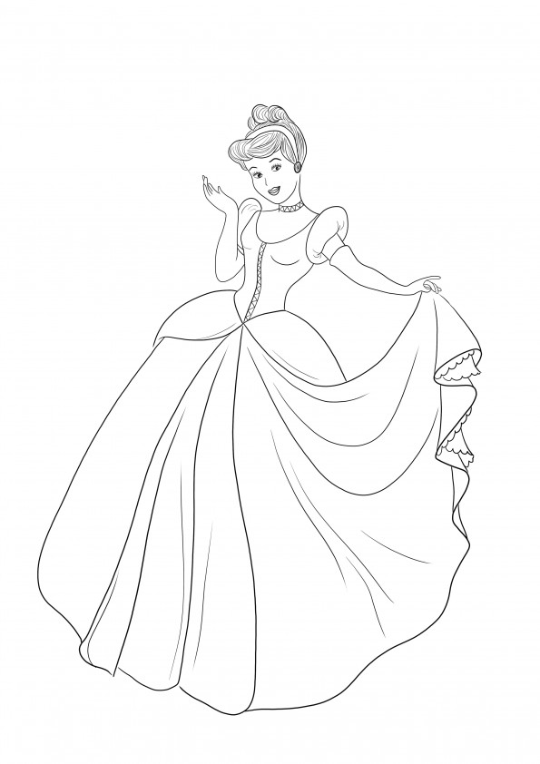 Tässä on kaunis Cinderella-prinsessamme, joka on valmis tulostettavaksi ja väritettäväksi ilmaiseksi